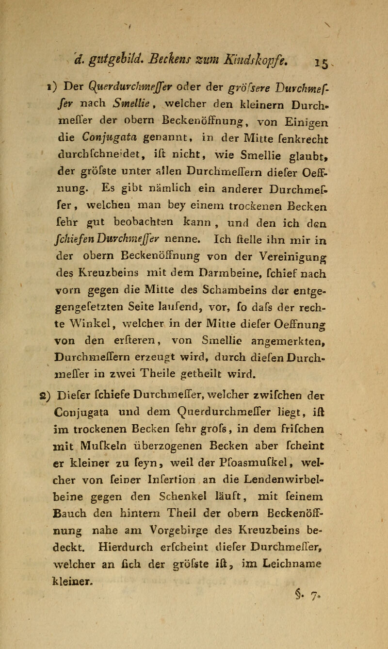 1) Der QuerdurcJmeffer oc^er der grÖfsere Duvchmef- fer nach Smellie , welcher den kleinern Durch» melTer der obern Becken Öffnung, von Einreden die Conjugata genannt, in der Mitte fenkrecht durchfchneidet, ift nicht, wie Smellie glaubt, der gröfste unter aJIen DurchmelTern diefer OefF- iiung. Es gibt nämhch ein anderer Durchmef- fer, welchen nian bey einem trockenen Becken fehr gut beobachten kann , und den ich dsn JchiefenBuYchmejJer nenne. Ich Üelle ihn mir in der obern BeckenöfFnung von der Vereinigung des Kreuzbeins mit dem Darmbeine, fchief nach vorn gegen die Mitte des Schambeins der entge- gengefetzten Seite laufend, vor, fo dafs der rech- te Winkel, welcher in der Mitte diefer OeiFnung von den erfteren, von Smellie angemerkten, Durchmellern erzeugt wird, durch diefen Durch- jnelTer in zwei Theile getheilt wird. S) Diefer fchiefe Durchmeller, welcher zwifchen der Conjugata und dem QuerdurchmelTer liegt, ift im trockenen Becken fehr grofs, in dem frifchen mit Mufkeln überzogenen Becken aber fcheint er kleiner zu feyn, weil der Pfoasmufkel, wel- cher von feiner Infertion an die Lendenwirbel- beine gegen den Schenkel läuft, mit feinem Bauch &Qn hintern Theil der obern Beckenöif- nung nahe am Vorgebirge des Kreuzbeins be- deckt. Hierdurch erfcheint diefer Durchmeller, welcher an fich der gröfste iß, im Leichname kleiner.