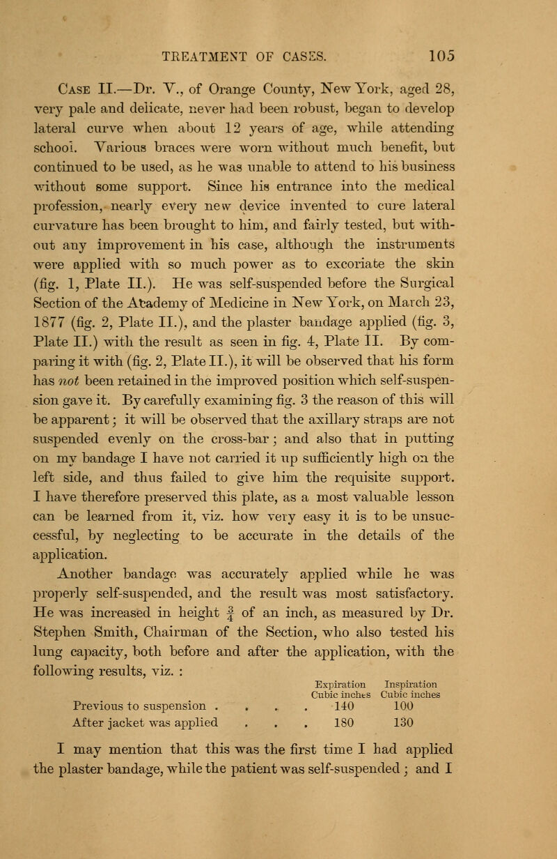 Case II.—Dr. Y,, of Orange County, New York, aged 28, very pale and delicate, never had been robust, began to develop lateral curve when about 12 years of age, while attending school. Yarious braces were worn without much benefit, but continued to be used, as he was unable to attend to his business v/ithout some support. Since his entrance into the medical profession, nearly every new device invented to cure lateral curvature has been brought to him, and fairly tested, but with- out any improvement in his case, although the instruments were applied with so much power as to excoriate the skin (fig. 1, Plate II.). He was self-suspended before the Surgical Section of the Atademy of Medicine in New York, on March 23, 1877 (fig. 2, Plate II.), and the plaster bandage applied (fig. 3, Plate II.) with the result as seen in fig. 4, Plate II. By com- paring it with (fig. 2, Plate II.), it will be observed that his form has not been retained in the improved position which self-suspen- sion gave it. By carefully examining fig. 3 the reason of this will be apparent; it will be observed that the axillary straps are not suspended evenly on the cross-bar; and also that in putting on my bandage I have not carried it up sufiaciently high on the left side, and thus failed to give him the requisite support. I have therefore preserved this plate, as a most valuable lesson can be learned from it, viz. how very easy it is to be unsuc- cessful, by neglecting to be accurate in the details of the application. Another bandage was accurately applied while he was properly self-suspended, and the result was most satisfactory. He was increased in height j of an inch, as measured by Dr. Stephen Smith, Chairman of the Section, who also tested his lung capacity, both before and after the application, with the following results, viz. : Expiration Inspii-ation Cubic inchts Cubic inches Previous to suspension . . . . liO 100 After jacket was applied . . . 180 130 I may mention that this was the first time I had applied the plaster bandage, while the patient was self-suspended ; and I