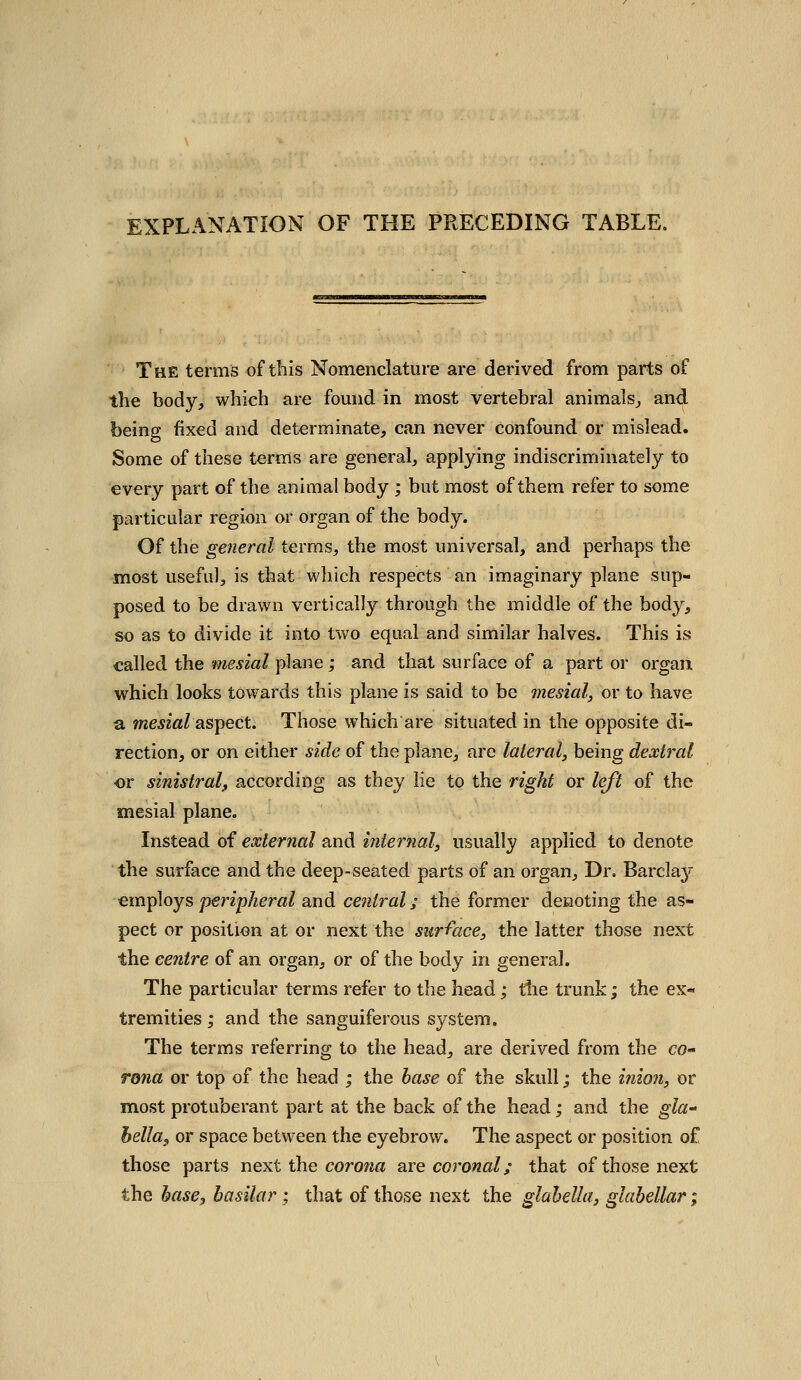 EXPLANATION OF THE PRECEDING TABLE. The terms of this Nomenclature are derived from parts of the body, which are fomid in most vertebral animalsj and being fixed and determinate, can never confound or mislead. Some of these terms are general, applying indiscriminately to every part of the animal body ; but most of them refer to some particular region or organ of the body. Of the general terms, the most universal, and perhaps the most useful, is that which respects an imaginary plane sup- posed to be drawn vertically through the middle of the body, so as to divide it into two equal and similar halves. This is called the mesial plane ; and that surface of a part or organ which looks towards this plane is said to be mesial, or to have a mesial as^ct. Those which are situated in the opposite di- rection, or on either side of the plane, are lateral, being deoctral or sinistral, according as they lie to the right or left of the mesial plane. Instead of external and internal, usually applied to denote the surface and the deep-seated parts of an organ. Dr. Barcla}' employs peripheral and central; the former denoting the as- pect or position at or next the surface, the latter those next the centre of an organ, or of the body in general. The particular terms refer to the head; the trunk; the ex- tremities ; and the sanguiferous system. The terms referring to the head, are derived from the co- Tona or top of the head ; the base of the skull; the inion, or most protuberant part at the back of the head; and the gla- hella^ or space between the eyebrow. The aspect or position of those parts next the coro?ja axe coronal; that of those next the hascy basilar ; that of those next the glabella, glabellar;