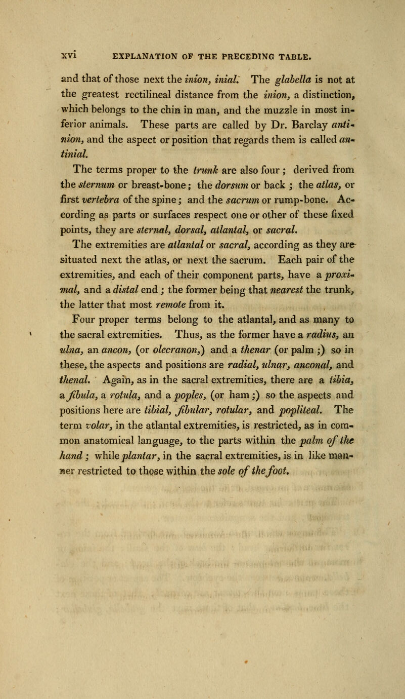 and that of those next the inion, iniaL The glabella is not at the greatest rectihneal distance from the i?iion, a distinction, which belongs to the chin in man, and the muzzle in most in- ferior animals. These parts are called by Dr. Barclay anti' nion, and the aspect or position that regards them is called aw- ti?iiaL The terms proper to the trtmk are also four; derived from the sterjiJim or breast-bone; the dorsum or back ; the atlas, or first vertebra of the spine; and the sacrum or rump-bone. Ac- cording as parts or surfaces respect one or other of these fixed points, they are sternal^ dorsal, atlantal, or sacral. The extremities are atlantal or sacral, according as they are^ situated next the atlas, or next the sacrum. Each pair of the extremities, and each of their component parts, have a proxi- mal, and a distal end; the former being that nearest the trunk, the latter that most remote from it. Four proper terras belong to the atlantal, and as many to the sacral extremities. Thus, as the former have a radius, an ulna, an a?icon, (or olecranon,) and a thenar (or palm ;) so in these, the aspects and positions are radial, ulnar, anconal, and ikenal. Again, as in the sacral extremities, there are a tibia^ 2.fibula, a rotula, and apoples, (or ham;) so the aspects and positions here are tibial, fibular, rotular, and popliteal. The term volar, in the atlantal extremities, is restricted, as in com- mon anatomical language, to the parts within the palm of the hand; while plantar, in the sacral extremities, is in like man- ner restricted to those within the sole of the foot.