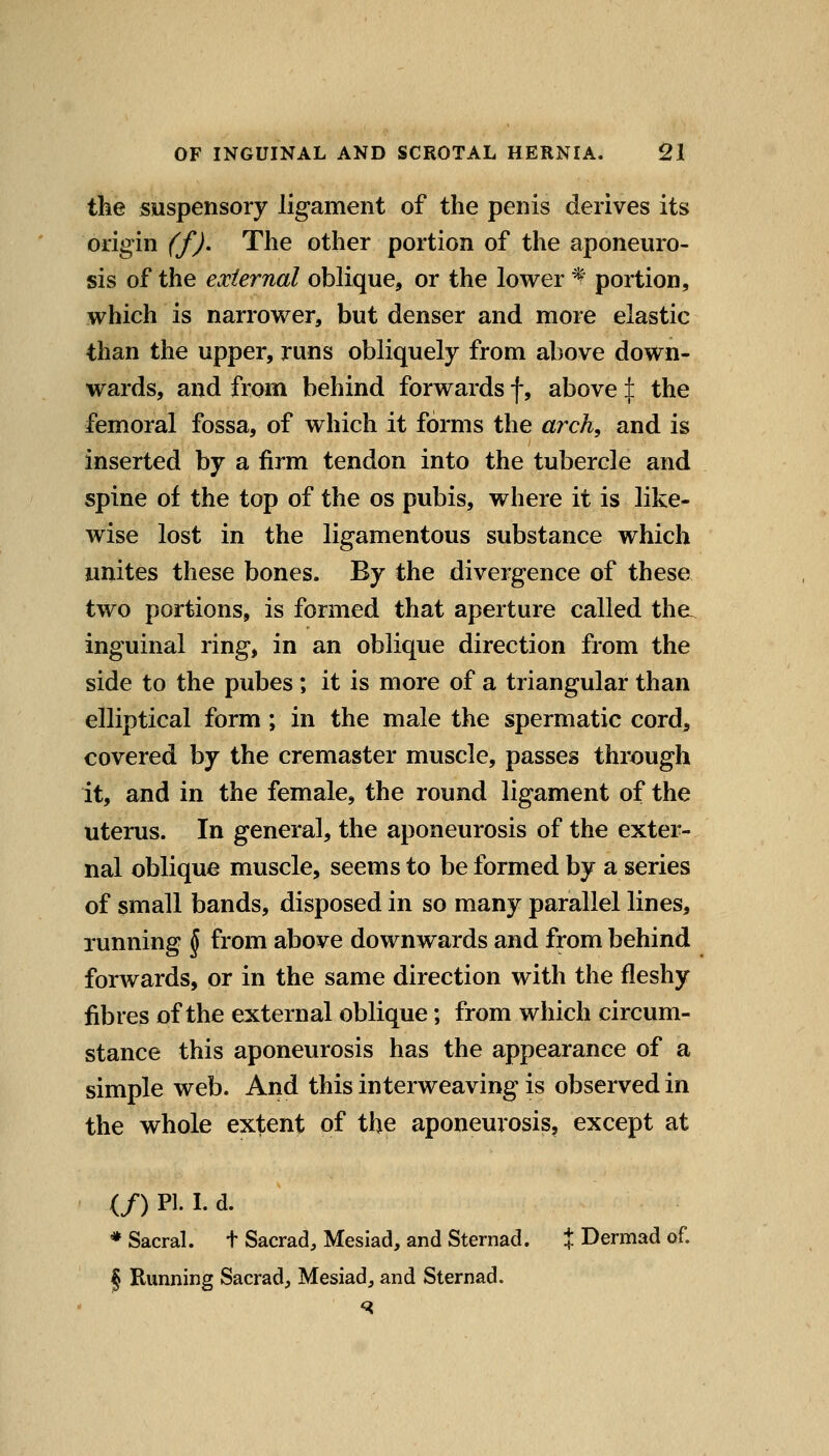 the suspensory ligament of the penis derives its origin (f). The other portion of the aponeuro- sis of the external oblique, or the lower ^ portion, which is narrower, but denser and more elastic than the upper, runs obliquely from above down- wards, and from behind forwards f, above % the femoral fossa, of which it forms the arch, and is inserted by a firm tendon into the tubercle and spine of the top of the os pubis, where it is like- wise lost in the ligamentous substance which unites these bones. By the divergence of these two portions, is formed that aperture called theu inguinal ring, in an oblique direction from the side to the pubes ; it is more of a triangular than elliptical form ; in the male the spermatic cord, covered by the cremaster muscle, passes through it, and in the female, the round ligament of the uterus. In general, the aponeurosis of the exter- nal oblique muscle, seems to be formed by a series of small bands, disposed in so many parallel lines, running \ from above downwards and from behind forwards, or in the same direction with the fleshy fibres of the external oblique; from which circum- stance this aponeurosis has the appearance of a simple web. And this interweaving is observed in the whole extent of the aponeurosis, except at (/)Pl.I.d. ♦ Sacral, t Sacrad, Mesiad, and Sternad. % Dermad of. 5 Running Sacrad, Mesiad, and Sternad.