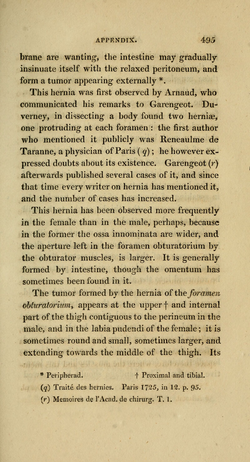 brane are wanting, the intestine may gradually insinuate itself with the relaxed peritoneum, and form a tumor appearing externally *. This hernia was first observed by Arnaud, who communicated his remarks to Garengeot. Du- verney, in dissecting a body found two herniae, one protruding at each foramen : the first author who mentioned it publicly was Reneaulme de Taranne, a physician of Paris ( q); he however ex- pressed doubts about its existence. Garengeot (r) afterwards published several cases of it, and since that time every writer on hernia has mentioned it, and the number of cases has increased. This hernia has been observed more frequently in the female than in the male, perhaps, because in the former the ossa innominata are wider, and the aperture left in the foramen obturatorium by the obturator muscles, is largei\ It is generally formed by intestine, though the omentum has sometimes been found in it. The tumor formed by the hernia of the foramen ohturatoriimiy appears at the upper f and internal part of the thigh contiguous to the perineum in the male, and in the labia pudendi of the female; it is sometimes round and small, sometimes larger, and extending towards the middle of the thigh. Its * Peripherad. f Proximal and tibial, (g) Traite des hernies. Paris 1725, in 12. p. Gj^. (r) Memoires de I'Acad. de chirurg, T. 1.