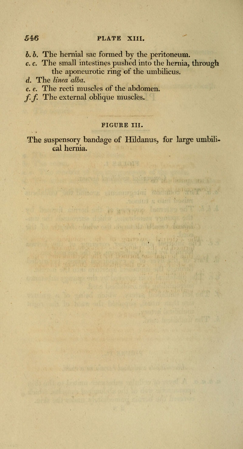 b. b. The hernial sac formed by the peritoneum. c. c. The small intestines pushed into the hernia, through the aponeurotic ring of the umbilicus. d. The linea alba. e. e. The recti muscles of the abdomen. f.f. The external oblique muscles. FIGURE III. The suspensory bandage of Hildanus, for large umbili' cal hernia.
