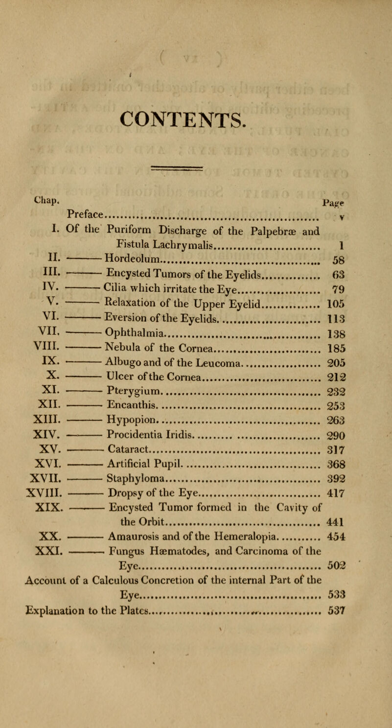 CONTENTS. Chap. Pa^ Preface v I. Of the Puriform Discharge of the Palpebral and Fistula Lachrymalis 1 II. Hordeolum 58 III. Encysted Tumors of the Eyelids 63 IV. — Cilia which irritate the Eye 79 V. Relaxation of the Upper Eyelid 105 VI. Eversion of the Eyelids 113 VII. Ophthalmia 138 VIII. Nebula of the Cornea 185 IX. Albugo and of the Leucoma 205 X. Ulcer of the Cornea 212 XI. Pterygium 232 XII. Encanthis 253 XIII. Hypopion 263 XIV. — Procidentia Iridis 290 XV. Cataract 317 XVI. — Artificial Pupil 368 XVII. Staphyloma 392 XVIII. Dropsy of the Eye 417 XIX. —■ Encysted Tumor formed in the Cavity of the Orbit 441 XX. Amaurosis and of the Hemeralopia 454 XXI. Fungus Haematodes, and Carcinoma of the Eye 502 Account of a Calculous Concretion of the internal Part of the Eye 533 Explanation to the Plates , ~ 537