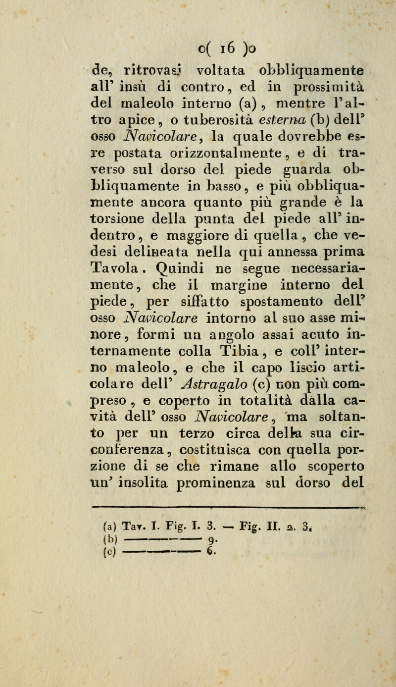 de, ritrovasi voltata obbliquamente air insù di contro , ed in prossimità del rnaleolo interno (a) , mentre F al- tro apice, o tuberosità esterna (b) delF osso Navìcolare, la quale dovrebbe eg- re postata orizzontalmente a e di tra- verso sul dorso del piede guarda ob- bliquamente in basso , e più obbliqua- mente ancora quanto più grande è la torsione della punta del piede alF in- dentro, e maggiore di quella, che ve- desi delineata nella qui annessa prima Tavola. Quindi ne segue necessaria- mente, che il margine interno del piede, per siffatto spostamento delF osso Navìcolare intorno al suo asse mi-» nore, formi un angolo assai acuto in- ternamente colla Tibia, e colF inter- no rnaleolo, e che il capo liscio arti- colare delF Astragalo (e) non più com- preso , e coperto in totalità dalla ca- vità delF osso Navìcolare, ma soltan- to per un terzo circa delta sua cir- conferenza , costituisca con quella por- zione di se che rimane allo scoperto un' insolita prominenza sul dorso del (a) Tar. I. Fig. I. 3. — Fig. II. a. di (b) 9. (e) é.