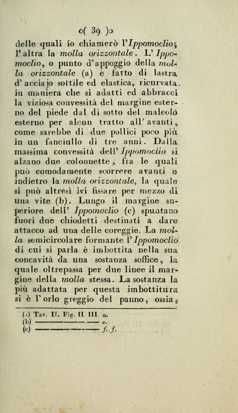 delle quali io chiamerò V Ippomoclio', V altra la molla orizzontale . U Ippo- moclio,, o punto d'appoggio della mol- la orizzontale (a) è fatto di lastra, d' accia jo sottile ed elastica, ricurvata, in maniera che si adatti ed abbracci la viziosa convessità del margine ester- no del piede dal di sotto del maleolò esterno per alcun tratto alP avanti 9 come sarebbe di due pollici poco pia in un fanciullo di tre anni. Dalla massima convessità dell' Ippomoclio si alzano due colonnette ^ fra le quali può comodamente scorrere avanti e indietro la molla orizzontale^ la quale si può altresì ivi fissare per mezzo di una vite (b). Lungo il margine su- periore delP Ippomoclio (e) spuntano fuori due chiodetti destinati a dare attacco ad una delle coreggie. La mol- la semicircolare formante l'Ippomoclio di cui si parla è imbottita nella sua concavità da una sostanza soffice, la quale oltrepassa per due linee il mar- gine della molla stessa. La sostanza la più adattata per questa imbottitura si è Torlo greggio del panno, ossia4 (a) Tav. IT. Fig. II III a. (b) e. (e) -> f,S