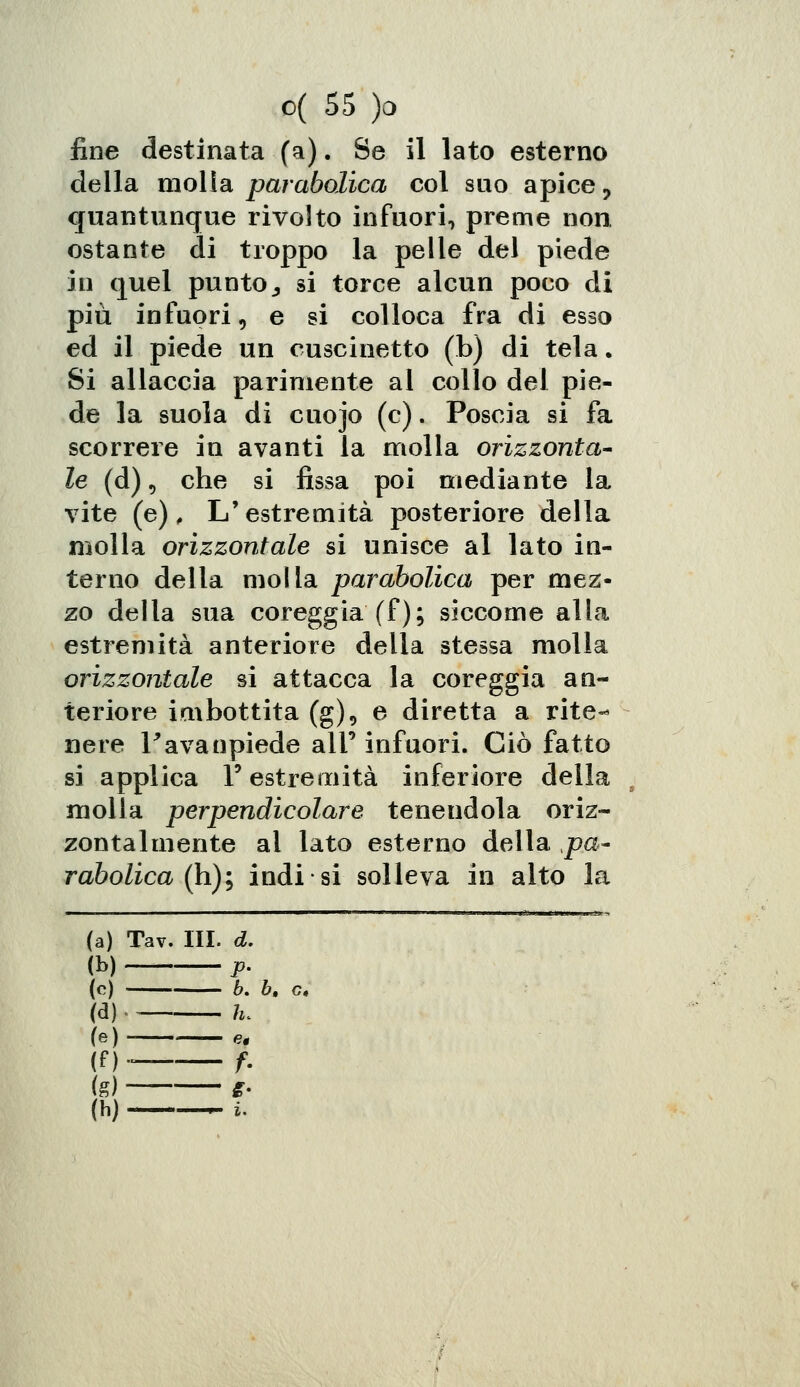 fine destinata fa). Se il lato esterno della molla parabolica col suo apice, quantunque rivolto infuori, preme non. ostante di troppo la pelle del piede in quel punto,, si torce alcun poco di più infuori, e si colloca fra di esso ed il piede un cuscinetto (b) di tela. Si allaccia parimente al collo del pie- de la suola di cuojo (e). Poscia si fa scorrere in avanti la molla orizzonta- le (d) 5 che si fissa poi mediante la vite (e). L'estremità posteriore della molla orizzontale si unisce al lato in- terno della molla parabolica per mez- zo della sua coreggia (f); siccome alla estremità anteriore della stessa molla orizzontale si attacca la coreggia an- teriore imbottita (g), e diretta a rite- nere l'avaopiede all' infuori. Ciò fatto si applica l'estremità inferiore della molla perpendicolare tenendola oriz- zontalmente al lato esterno della pa- rabolica (h); indi si solleva in alto la (a) Tav. III. d. (b) p. (e) b. b. e. (d) h. (e) e. (f ) . f. (g) e (h) i.