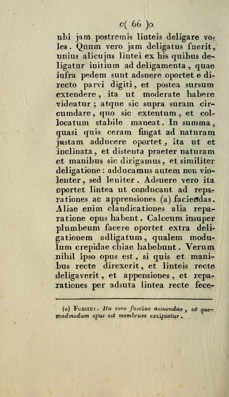 ubi jam postremis liateis deligare vof les. Quum vero jam deligatus fuerit, unius alicujus lintei ex his quibus de- ligatur initium ad deìigamenta , quae infra pedem sunt adsnere oportet e di- recto parvi digiti, et postea sursura extendere, ita ut moderate hab^re videatur ; atque sic supra suram cir- cumdare 9 quo sic extentum, et col- locatum stabile maneat. In summa, quasi quis ceram fingat ad naturam jastam adducere oportet 3 ita ut et inclinata, et distenta praeter naturam et manibus sic dirigamus, et similiter deligatione : adducamus autem non vio- lenter, sed leniter . Adsuere vero ita oportet lintea ut conducant ad repa- rationes aC apprensiones (a) facieffdas. Aliae enim claudicationes alia repa- ra tione opushabent. Calceum insuper plumbeum facere oportet extra deli- gationem adligatum, qualem modu- lum crepidae chiae habebunt. Verum nihil ipso opus est 9 si quis et mani- bus recte direxerit, et linteis recte deligaverit, et appensiones , et repa- rationes per adsuta lintea recte fece- (a) Foesius . Ita vero fasciae assuendae , ut quer tnadmodum opus est membrum excipiatur.