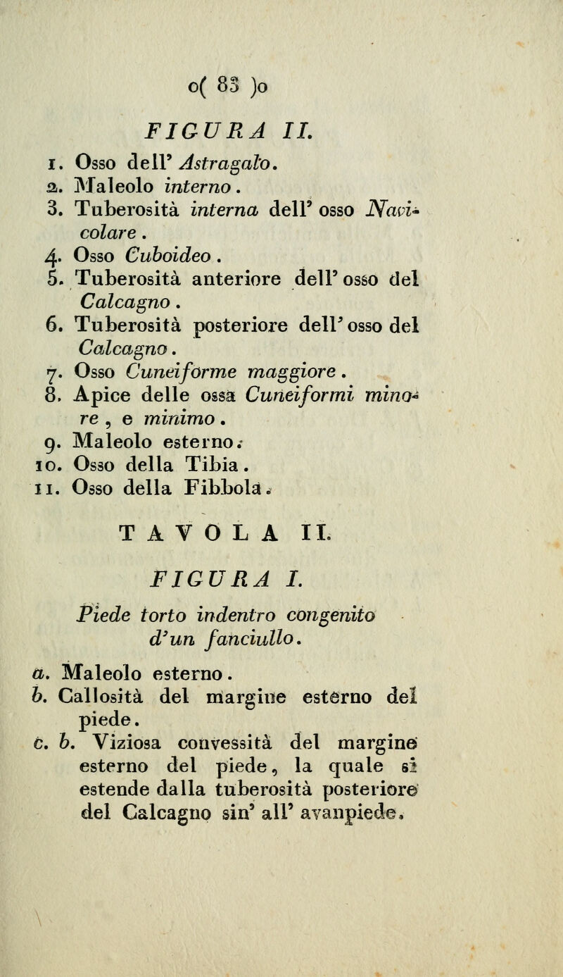 FIGURA IL i. Osso de 11' Astragalo. a. Maleolo interno. 3. Tuberosità interna dell' osso Navi* colare. 4. Osso Cuboideo. 5. .Tuberosità anteriore dell'osso del Calcagno. 6. Tuberosità posteriore delF osso del Calcagno. 7. Osso Cuneiforme maggiore. 8. Apice delle ossa Cuneiformi mino* re , e minimo . g. Maleolo esterno.* io. Osso della Tibia. 11. Osso della Fibbolà. TAVOLA IL FIGURA I. Piede torto indentro congenito d3un fanciullo. a. Maleolo esterno. 6. Callosità del margine esterno del piede. ò. 6. Viziosa convessità del margine esterno del piede, la quale si estende dalla tuberosità posteriore del Calcagno sin9 ali9 avanpiede.-