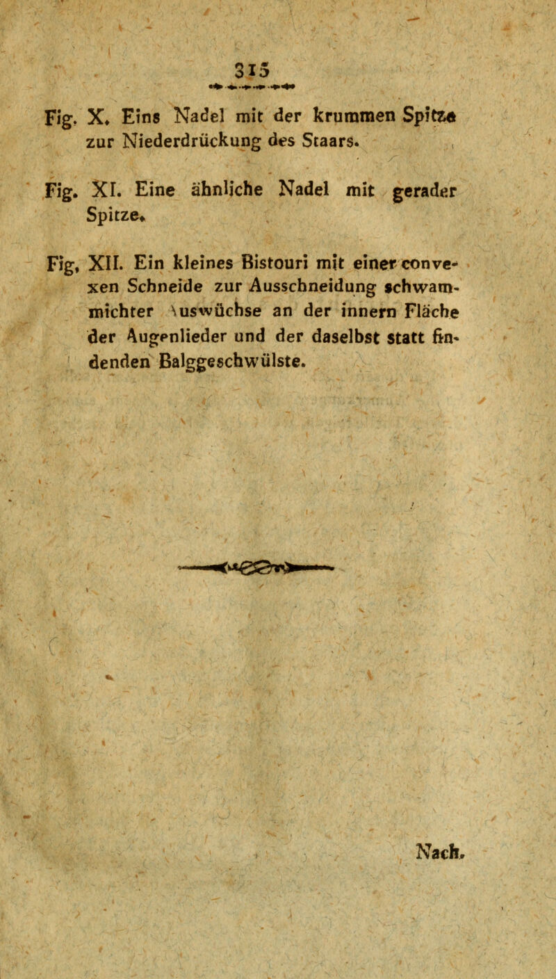 Fig. X* Eins Nadel mit der krummen Spitea zur Niederdrückung des Staars. Fig. XI. Eine ähnliche Nadel mit gerader Spitze» Fig, XII. Ein kleines Bistouri mit einer conve- xen Schneide zur Ausschneidung schwam- michter Auswüchse an der innern Fläche der Augenlieder und der daselbst Statt fin* denden Balggeschwülste. t*e©T^>—— Nach,