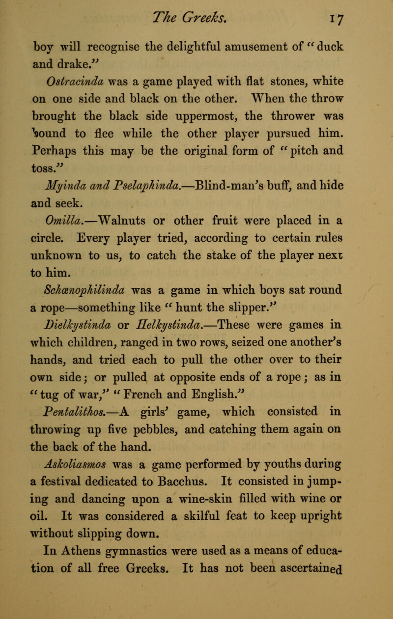 boy will recognise the delightful amusement of  duck and drake. Ostracinda was a game played with flat stones, white on one side and black on the other. When the throw brought the black side uppermost, the thrower was found to flee while the other player pursued him. Perhaps this may be the original form of  pitch and toss. Myinda and Pselaphinda.—Blind-man's buff, and hide and seek. Omilla.—Walnuts or other fruit were placed in a circle. Every player tried, according to certain rules unknown to us, to catch the stake of the player next to him. Sc/icenopkilinda was a game in which boys sat round a rope—something like  hunt the slipper/' Dielhystinda or Helkystinda.—These were games in which children, ranged in two rows, seized one another's hands, and tried each to pull the other over to their own side; or pulled at opposite ends of a rope; as in  tug of war,  French and English. Pentalithos.—A girls' game, which consisted in throwing up five pebbles, and catching them again on the back of the hand. Askoliasmos was a game performed by youths during a festival dedicated to Bacchus. It consisted in jump- ing and dancing upon a wine-skin filled with wine or oil. It was considered a skilful feat to keep upright without slipping down. In Athens gymnastics were used as a means of educa- tion of all free Greeks. It has not been ascertained