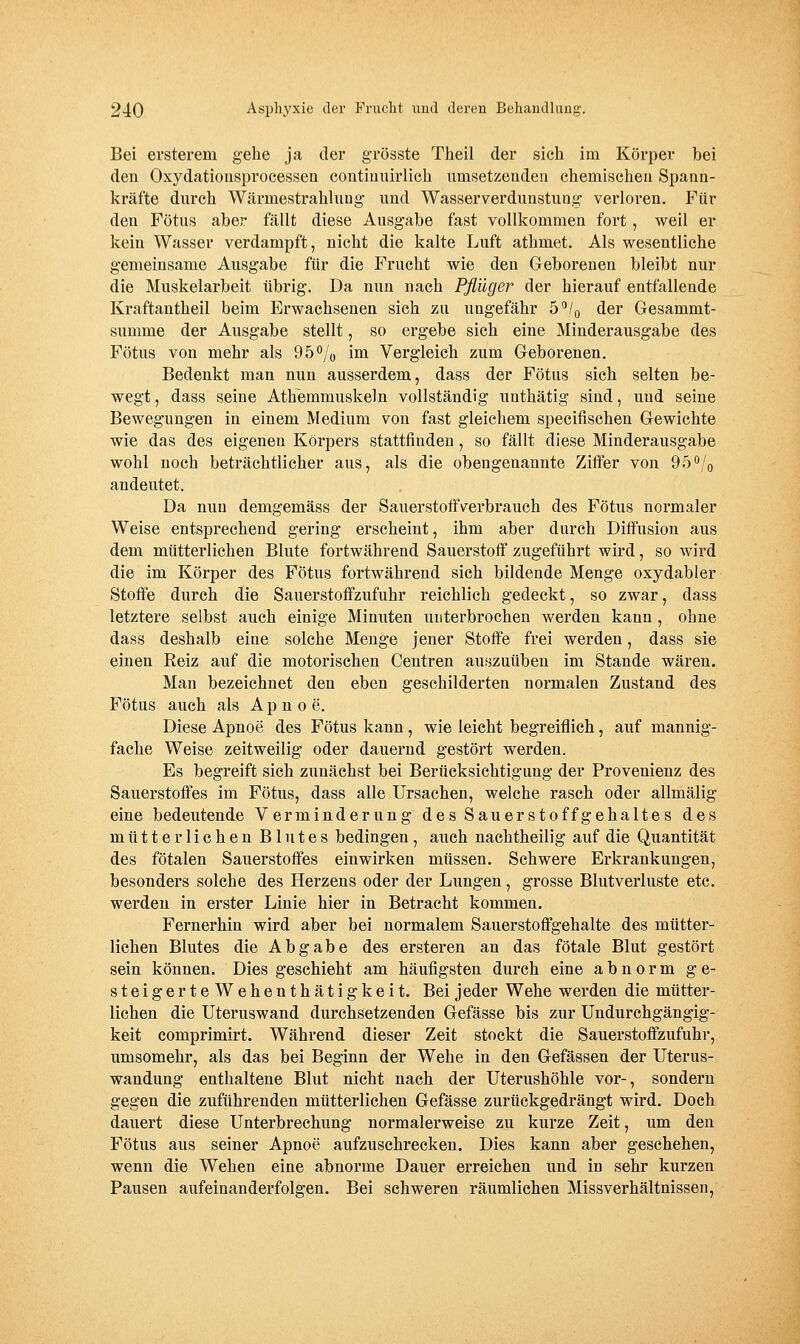 Bei ersterem gehe ja der grösste Theil der sich im Körper bei den Oxydatioüsprocesseu continuirlich umsetzenden chemischen Spann- kräfte durch W.ärmestrahluug und Wasserverdunstung verloren. Für deu Fötus aber fällt diese Ausgabe fast vollkommen fort, weil er kein Wasser verdampft, nicht die kalte Luft athmet. Als wesentliche gemeinsame Ausgabe für die Frucht wie den Geborenen bleibt nur die Muskelarbeit übrig. Da nun nach Pflüger der hierauf entfallende Kraftantheil beim Erwachsenen sich zu ungefähr ö^/q der Gesammt- summe der Ausgabe stellt, so ergebe sich eine Minderausgabe des Fötus von mehr als 95^0 ™ Vergleich zum Geborenen. Bedenkt man nun ausserdem, dass der Fötus sich selten be- wegt , dass seine Athemmuskeln vollständig unthätig sind, und seine Bewegungen in einem Medium von fast gleichem specifischen Gewichte wie das des eigenen Körpers stattfinden, so fällt diese Minderausgabe wohl noch beträchtlicher aus, als die obengenannte Zififer von 95/g andeutet. Da nun demgemäss der Sauerstoffverbrauch des Fötus normaler Weise entsprechend gering erscheint, ihm aber durch Diffusion aus dem mütterlichen Blute fortwährend Sauerstoff zugeführt wird, so wird die im Körper des Fötus fortwährend sich bildende Menge oxydabler Stoffe durch die Sauerstoffzufuhr reichlich gedeckt, so zwar, dass letztere selbst auch einige Minuten unterbrochen werden kann , ohne dass deshalb eine solche Menge jener Stoffe frei werden, dass sie einen Reiz auf die motorischen Centren auszuüben im Stande wären. Man bezeichnet den eben geschilderten normalen Zustand des Fötus auch als Apnoe. Diese Apnoe des Fötus kann, wie leicht begreiflich, auf mannig- fache Weise zeitweilig oder dauernd gestört werden. Es begreift sich zunächst bei Berücksichtigung der Provenienz des Sauerstoffes im Fötus, dass alle Ursachen, welche rasch oder allmälig eine bedeutende Verminderung des Sauerstoffgehaltes des mütterlichen Blutes bedingen, auch nachtheilig auf die Quantität des fötalen Sauerstoffes einwirken müssen. Schwere Erkrankungen, besonders solche des Herzens oder der Lungen, grosse Blutverluste etc. werden in erster Linie hier in Betracht kommen. Fernerhin wird aber bei normalem Sauerstoffgehalte des mütter- lichen Blutes die Abgabe des ersteren an das fötale Blut gestört sein können. Dies geschieht am häufigsten durch eine abnorm g e- steigerteWehenthätigkeit. Bei jeder Wehe werden die mütter- lichen die Uteruswand durchsetzenden Gefässe bis zur Undurchgängig- keit comprimirt. Während dieser Zeit stockt die Sauerstoffzufuhr, umsomehr, als das bei Beginn der Wehe in den Gefässen der Uterus- wandung enthaltene Blut nicht nach der Uterushöhle vor-, sondern gegen die zuführenden mütterlichen Gefässe zurückgedrängt wird. Doch dauert diese Unterbrechung normalerweise zu kurze Zeit, um den Fötus aus seiner Apnoe aufzuschrecken. Dies kann aber geschehen, wenn die Wehen eine abnorme Dauer erreichen und in sehr kurzen Pausen aufeinanderfolgen. Bei schweren räumlichen Missverhältnissen,