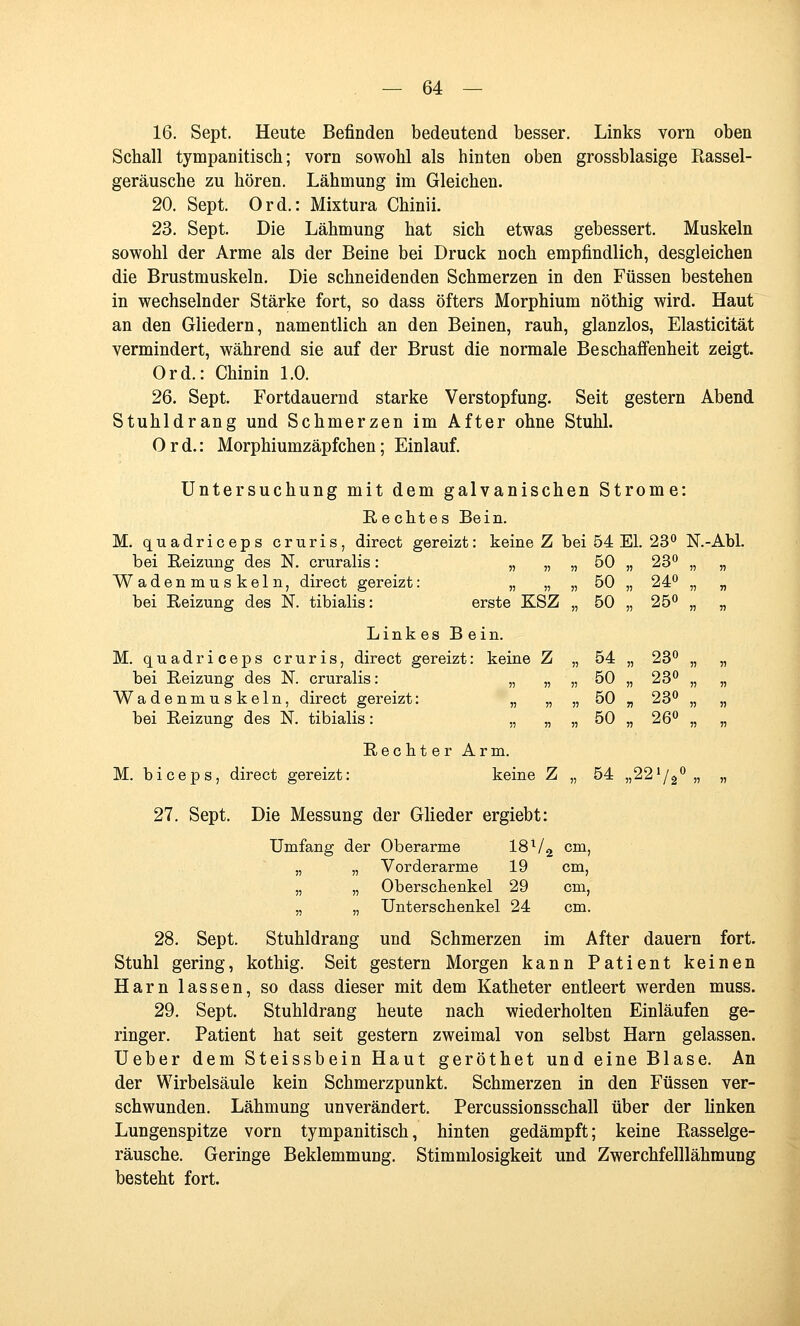 16. Sept. Heute Befinden bedeutend besser. Links vorn oben Schall tympanitisch; vorn sowohl als hinten oben grossblasige Rassel- geräusche zu hören. Lähmung im Gleichen. 20. Sept. Ord.: Mixtura Chinii. 23. Sept. Die Lähmung hat sich etwas gebessert. Muskeln sowohl der Arme als der Beine bei Druck noch empfindlich, desgleichen die Brustmuskeln. Die schneidenden Schmerzen in den Füssen bestehen in wechselnder Stärke fort, so dass öfters Morphium nöthig wird. Haut an den Gliedern, namentlich an den Beinen, rauh, glanzlos, Elasticität vermindert, während sie auf der Brust die normale Beschaffenheit zeigt. Ord.: Chinin 1.0. 26. Sept. Fortdauernd starke Verstopfung. Seit gestern Abend Stuhldrang und Schmerzen im After ohne Stuhl. Ord.: Morphiumzäpfchen; Einlauf. Untersuchung mit dem galvanischen Strome: Rechtes Bein. M. quadriceps cruris, direct gereizt: keine Z bei 54 El. 23^ N.-Abl. bei Reizung des N. cruralis: „ „ „ 50 „ 23*^ „ „ Wadenmuskeln, direct gereizt: „ „ „ 50 „ 24° „ „ bei Reizung des N. tibialis: erste KSZ „ 50 „ 25° „ „ Linkes Bein. M. quadrieeps cruris, direct gereizt: keine Z „ 54 „ 23° „ „ bei Reizung des N. cruralis: „ „ „ 50 „ 23° „ „ Wadenmuskeln, direct gereizt: „ „ „ 50 „ 23° „ „ bei Reizung des N. tibialis: „ „ „ 50 „ 26° „ „ Rechter Arm. M. biceps, direct gereizt: keine Z „ 54 „22^2° » « 27. Sept. Die Messung der Glieder ergiebt: Umfang der Oberarme 18^/g cm, „ „ Vorderarme 19 cm, „ „ Oberschenkel 29 cm, „ „ Unterschenkel 24 cm. 28. Sept. Stuhldrang und Schmerzen im After dauern fort. Stuhl gering, kothig. Seit gestern Morgen kann Patient keinen Harn lassen, so dass dieser mit dem Katheter entleert werden muss. 29. Sept. Stuhldrang heute nach wiederholten Einlaufen ge- ringer. Patient hat seit gestern zweimal von selbst Harn gelassen. Ueber dem Steissbein Haut geröthet und eine Blase. An der Wirbelsäule kein Schmerzpunkt. Schmerzen in den Füssen ver- schwunden. Lähmung unverändert. Percussionsschall über der Unken Lungenspitze vorn tympanitisch, hinten gedämpft; keine Rasselge- räusche. Geringe Beklemmung. Stimmlosigkeit und Zwerchfelllähmung besteht fort.