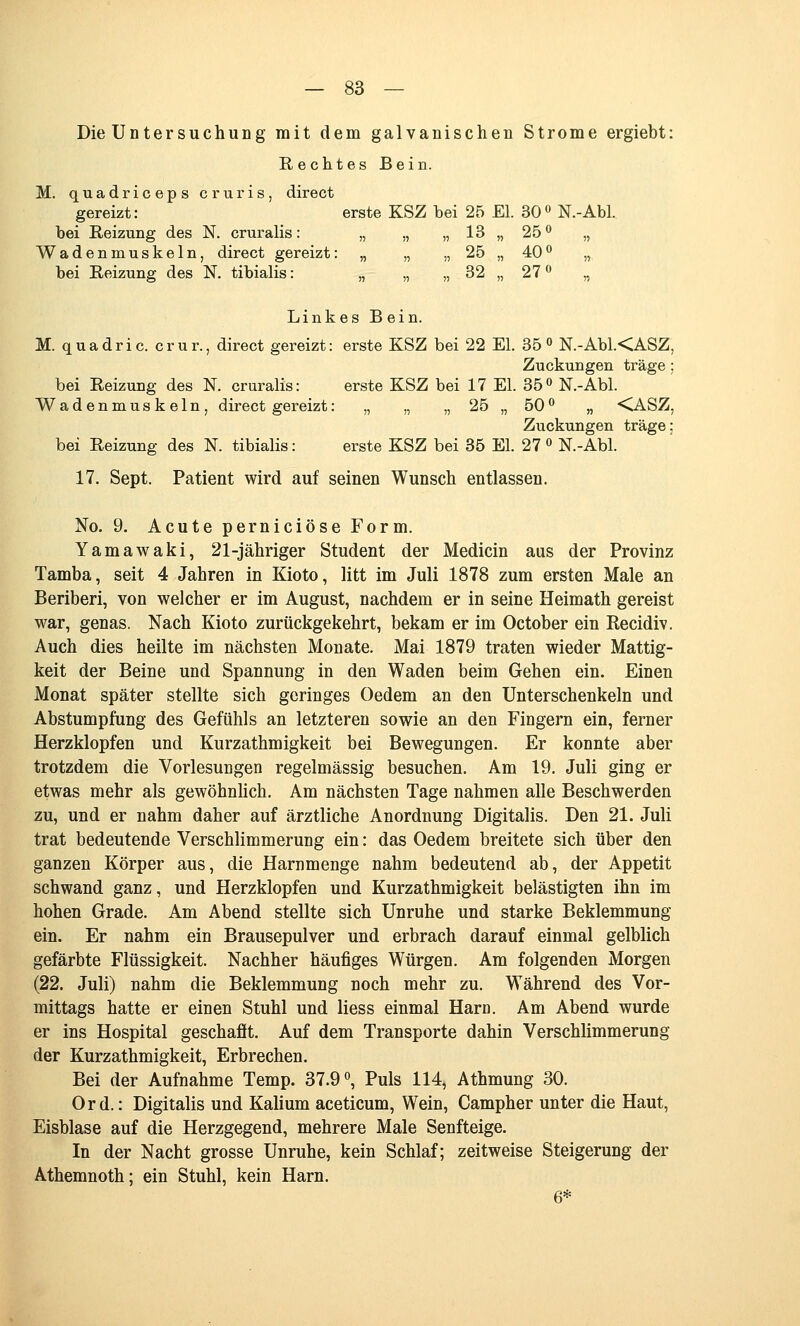 Die Untersuchung mit dem galvanischen Strome ergiebt: RechtesBein. M. quadriceps cruris, direct gereizt: erste KSZ bei 25 El. 30« N.-Abl. bei Reizung des N. cruralis: „ „ „13 „ 25« „ Wadenmuskeln, direct gereizt: „ „ „ 25 „ 40« „ bei Reizung des N. tibialis: „ „ „ 32 „ 27« „ Linkes Bein. M. quadric. crur., direct gereizt: erste KSZ bei 22 El. 35« N.-Abl.<ASZ, Zuckungen träge; bei Reizung des N. cruralis: erste KSZ bei 17 El. 35« N.-Abl. Wadenmuskeln, direct gereizt: ,, „ „ 25 „ 50« „ ■<ASZ, Zuckungen träge; bei Reizung des N. tibialis: erste KSZ bei 35 El. 27 « N.-Abl. 17. Sept. Patient wird auf seinen Wunsch entlassen. No. 9. Acute perniciöse Form. Yamawaki, 21-jähriger Student der Medicin aus der Provinz Tamba, seit 4 Jahren in Kioto, litt im Juli 1878 zum ersten Male an Beriberi, von welcher er im August, nachdem er in seine Heimath gereist war, genas. Nach Kioto zurückgekehrt, bekam er im October ein Recidiv. Auch dies heilte im nächsten Monate. Mai 1879 traten wieder Mattig- keit der Beine und Spannung in den Waden beim Gehen ein. Einen Monat später stellte sich geringes Oedem an den Unterschenkeln und Abstumpfung des Gefühls an letzteren sowie an den Fingern ein, ferner Herzklopfen und Kurzathmigkeit bei Bewegungen. Er konnte aber trotzdem die Vorlesungen regelmässig besuchen. Am 19. Juli ging er etwas mehr als gewöhnhch. Am nächsten Tage nahmen alle Beschwerden zu, und er nahm daher auf ärztliche Anordnung Digitalis. Den 21. Juli trat bedeutende Verschlimmerung ein: das Oedem breitete sich über den ganzen Körper aus, die Harnmenge nahm bedeutend ab, der Appetit schwand ganz, und Herzklopfen und Kurzathmigkeit belästigten ihn im hohen Grade. Am Abend stellte sich Unruhe und starke Beklemmung ein. Er nahm ein Brausepulver und erbrach darauf einmal gelblich gefärbte Flüssigkeit. Nachher häufiges Würgen. Am folgenden Morgen (22. Juli) nahm die Beklemmung noch mehr zu. Während des Vor- mittags hatte er einen Stuhl und Hess einmal Harn. Am Abend wurde er ins Hospital geschaßt. Auf dem Transporte dahin Verschlimmerung der Kurzathmigkeit, Erbrechen. Bei der Aufnahme Temp. 37.9«, Puls 114, Athmung 30. Ord.: Digitalis und Kalium aceticum, Wein, Campher unter die Haut, Eisblase auf die Herzgegend, mehrere Male Senfteige. In der Nacht grosse Unruhe, kein Schlaf; zeitweise Steigerung der Athemnoth; ein Stuhl, kein Harn. 6*