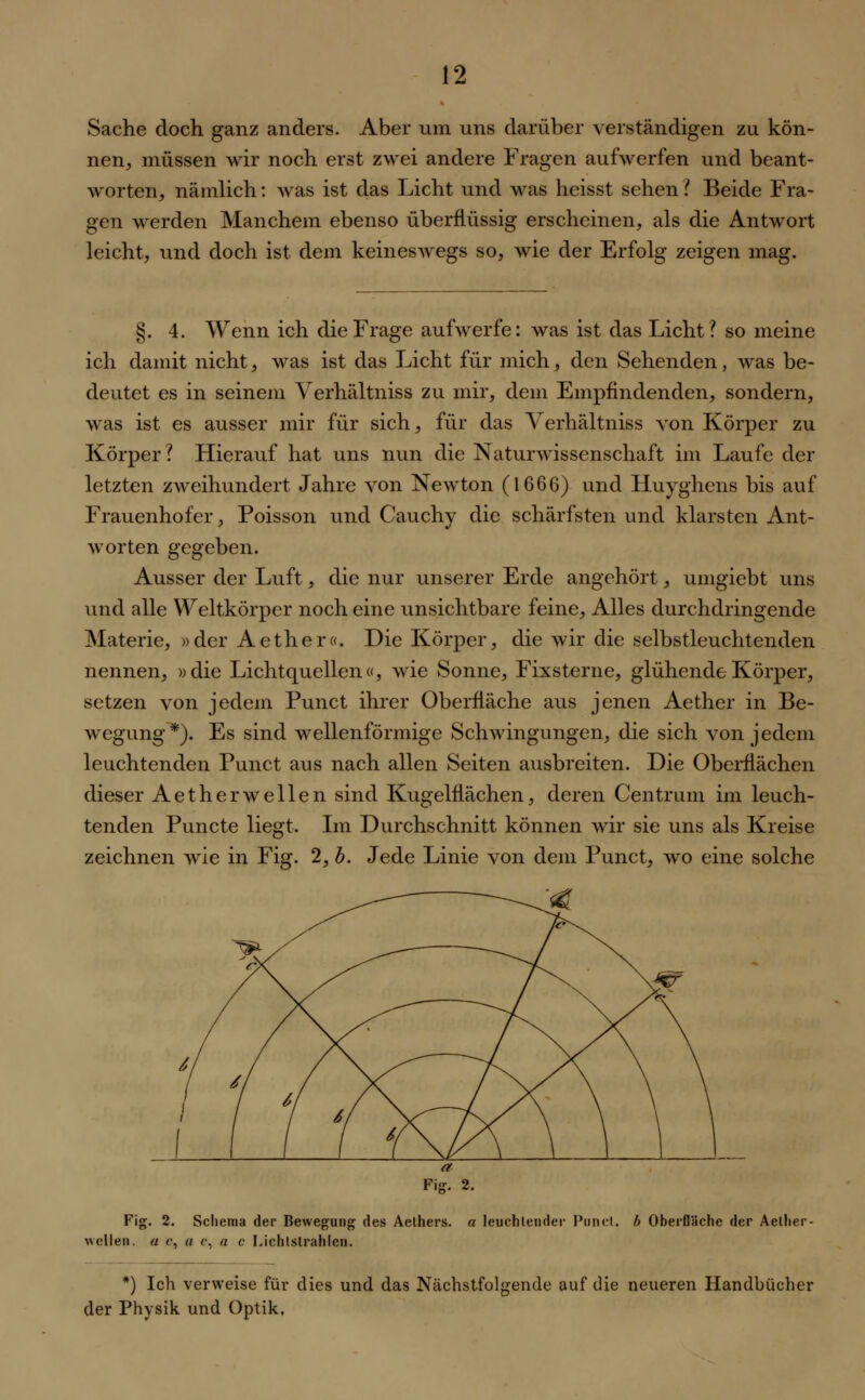 Sache doch ganz anders. Aber um uns darüber verständigen zu kön- nen, müssen wir noch erst zwei andere Fragen aufwerfen und beant- worten, nämlich: was ist das Licht und was heisst sehen ? Beide Fra- gen werden Manchem ebenso überflüssig erscheinen, als die Antwort leicht, und doch ist dem keineswegs so, wie der Erfolg zeigen mag. §. 4. Wenn ich die Frage aufwerfe: was ist das Licht? so meine ich damit nicht, was ist das Licht für mich, den Sehenden, was be- deutet es in seinem Verhältniss zu mir, dem Empfindenden, sondern, was ist es ausser mir für sich, für das Verhältniss von Körper zu Körper? Hierauf hat uns nun die Naturwissenschaft im Laufe der letzten zweihundert Jahre von Newton (1666) und Huyghens bis auf Frauenhofer, Poisson und Cauchy die schärfsten und klarsten Ant- worten gegeben. Ausser der Luft, die nur unserer Erde angehört, umgiebt uns und alle Weltkörper noch eine unsichtbare feine, Alles durchdringende Materie, »der Aether«. Die Körper, die wir die selbstleuchtenden nennen, »die Lichtquellen«, wie Sonne, Fixsterne, glühende Körper, setzen von jedem Punct ihrer Oberfläche aus jenen Aether in Be- wegung*). Es sind wellenförmige Schwingungen, die sich von jedem leuchtenden Punct aus nach allen Seiten ausbreiten. Die Oberflächen dieser Aetherwellen sind Kugelflächen, deren Centrum im leuch- tenden Puncte liegt. Im Durchschnitt können wir sie uns als Kreise zeichnen wie in Fig. 2, b. Jede Linie von dem Punct, wo eine solche Fig. 2. Fig. 2. Schema der Bewegung des Aethers. a leuchtender Puncl. b Oberfläche der Aether wellen, a c, a c, a c Lichtstrahlen. *) Ich verweise für dies und das Nächstfolgende auf die neueren Handbücher der Physik und Optik,