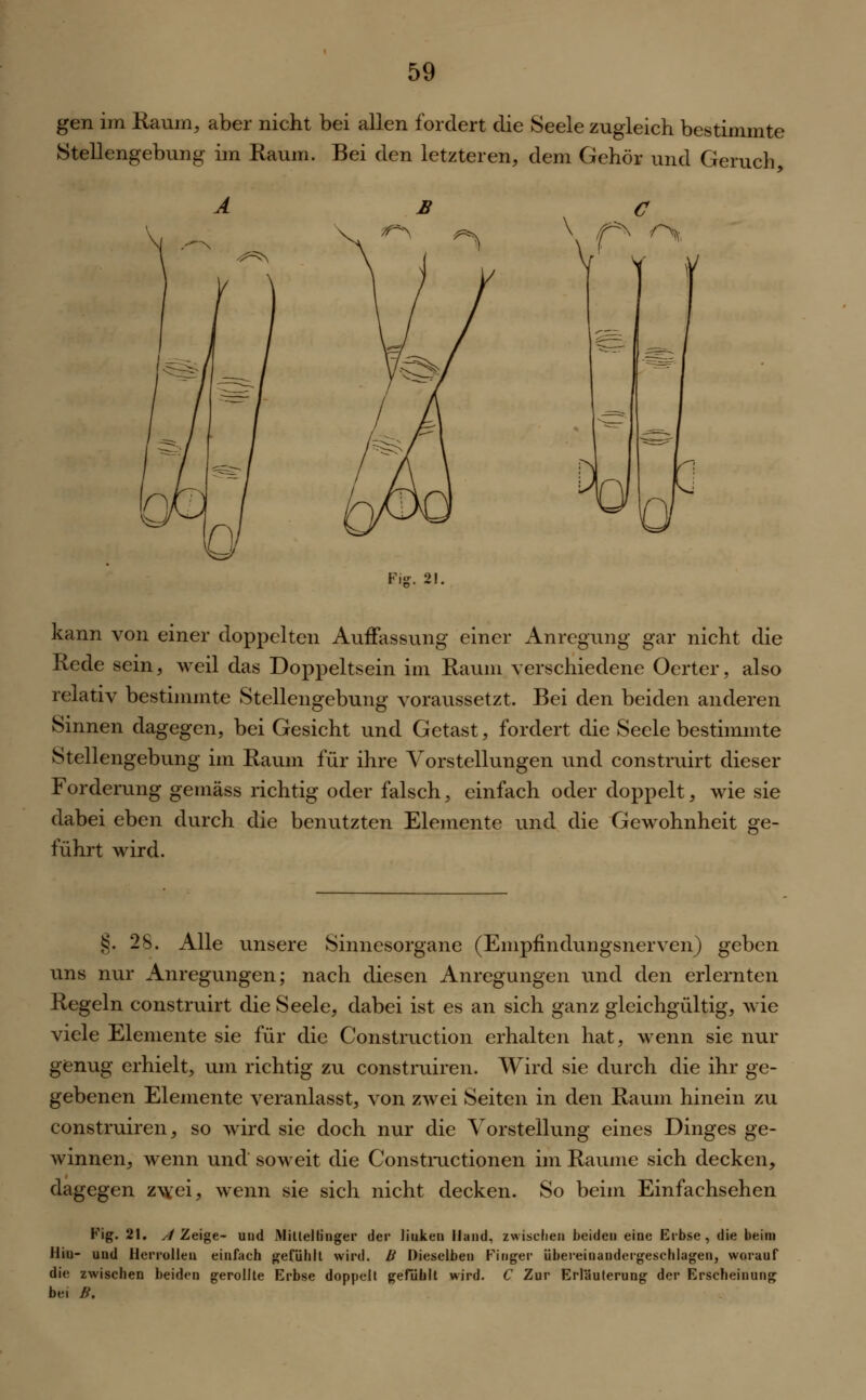 gen im Raum, aber nicht bei allen fordert die Seele zugleich bestimmte Stellengebung im Raum. Bei den letzteren, dem Gehör und Geruch B ir*s Fig. 2!. kann von einer doppelten Auffassung einer Anregung gar nicht die Rede sein, weil das Doppeltsein im Raum verschiedene Oerter, also relativ bestimmte Stellengebung voraussetzt. Bei den beiden anderen Sinnen dagegen, bei Gesicht und Getast, fordert die Seele bestimmte Stellengebung im Raum für ihre Vorstellungen und construirt dieser Forderung gemäss richtig oder falsch, einfach oder doppelt, wie sie dabei eben durch die benutzten Elemente und die Gewohnheit ge- führt wird. §. 28. Alle unsere Sinnesorgane (Empfindungsnerven) geben uns nur Anregungen; nach diesen Anregungen und den erlernten Regeln construirt die Seele, dabei ist es an sich ganz gleichgültig, wie viele Elemente sie für die Construction erhalten hat, wenn sie nur genug erhielt, um richtig zu construiren. Wird sie durch die ihr ge- gebenen Elemente veranlasst, von zwei Seiten in den Raum hinein zu construiren, so wird sie doch nur die Vorstellung eines Dinges ge- winnen, wenn und soweit die Constmctionen im Räume sich decken, dagegen z\^ei, wenn sie sich nicht decken. So beim Einfachsehen Fig. 21. A Zeige- und Mittelfinger der liuken Hand, zwischen beiden eine Erbse, die beim Hiu- und Herrollen einfach gefühlt wird. B Dieselben Finger übereinandergeschlagen, worauf die zwischen beiden gerollte Erbse doppelt gefühlt wird. C Zur Erläuterung der Erscheinung bei H.