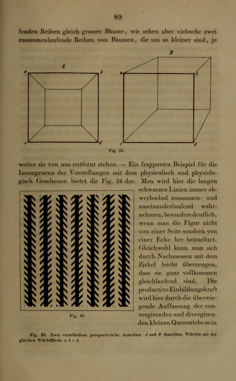 fenden Reihen gleich grosser Bäume, wir sehen aber vielmehr zwei zusammenlaufende Reihen von Bäumen, die um so kleiner sind, je Ii 4 '■/.. t d Fig. 23. S> SY< ' weiter sie von uns entfernt stehen. — Ein frappantes Beispiel für die Incongruenz der Vorstellungen mit dem physicalisch und physiolo- gisch Gesehenen bietet die Fig. 26 dar. Man wird hier die langen schwarzen Linien immer ab- wechselnd zusammen- und auseinanderlaufend wahr- nehmen, besonders deutlich, wenn man die Figur nicht von einer Seite sondern von einer Ecke her betrachtet. Gleichwohl kann man sich durch Nachmessen mit dem Zirkel leicht überzeugen, dass sie ganz vollkommen gleichlaufend sind. Die produetive Einbildungskraft wird hier durch die überwie- gende Auffassung der con- vergirendenund divergiren- den kleinen Querstriche so in II I ii »1 ii i ' ', N ^ Fi*. 2fi. Fig. 25. Zwei verschiedene perspeclh ische Ansichten J und B desselben Würfels mit der gleichen Würfelfläche a b c d.