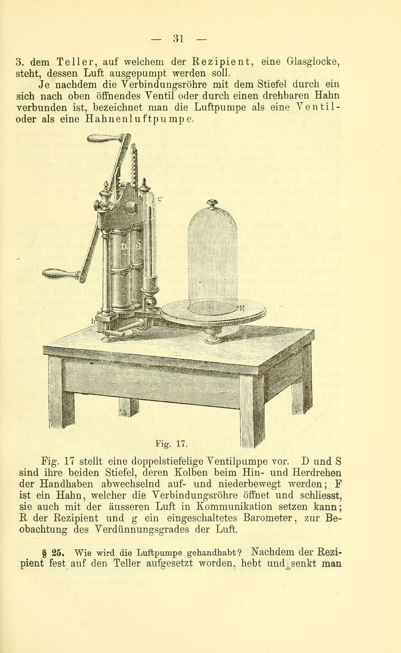 3. dem Teller, auf welchem der Rezipient, eine Glasglocke, steht, dessen Luft ausgepumpt werden soll. Je nachdem die Yerbindungsröhre mit dem Stiefel durch ein sich nach oben öffnendes Ventil oder durch einen drehbaren Hahn verbunden ist, bezeichnet man die Luftpumpe als eine Ventil- oder als eine Hahnenluftpumpe. Fig. 17 Fig. 17 stellt eine doppelstiefelige Ventilpumpe vor. D und S sind ihre beiden Stiefel, deren Kolben beim Hin- und Herdrehen der Handhaben abwechselnd auf- und niederbewegt werden; F ist ein Hahn, welcher die Yerbindungsröhre öffnet und schliesst, sie auch mit der äusseren Luft in Kommunikation setzen kann; R der Rezipient und g ein eingeschaltetes Barometer, zur Be- obachtung des Yerdünnungsgrades der Luft. § 25. Wie wird die Luftpumpe gehandhabt? Nachdem der Rezi- pient fest auf den Teller aufgesetzt worden, hebt und^senkt man