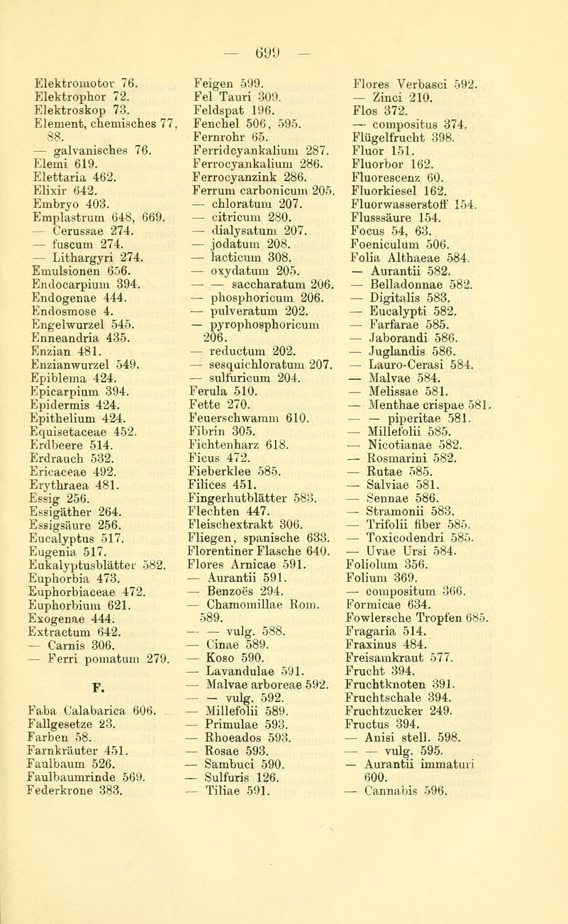 6UD Elektromotor 76. PJlektrophor 72. Elektroskop 73. Element, chemisches 77, 88. — galvanisches 76. Elemi 619. Elettaria 462. Elixir 642. Embryo 403. Emplastrum 648, 669. - Cerussae 274. — fuscum 274. — Lithargyri 274. Emulsionen 656. Endocarpium 394. Endogenae 444. Endosmose 4. Engelwurzel 545. Enneandria 435. Enzian 481. Enzianwurzel 549. Epiblema 424. Epicarpium 394. Epidermis 424. Epithelium 424. Equisetaceae 452. Erdbeere 514. Erdrauch 532. Ericaceae 492. Ervthraea 481. Essig 256. Essigäther 264. Essigsäure 256. Eucalyptus 517. Eugenia 517. Eukalyptusblätter 582. Euphorbia 473. Euphorbiaceae 472. Euphorbium 621. Exogenae 444. Extractum 642. — Camis 306. — Ferri pomatum 279. F. Faba Calabarica 606. Fallgesetze 23. Farben 58. Farnkräuter 451. Faulbaum 526. Faulbaumrinde 569. Federkrone 383. Feigen 599. Fei Tauri 309. Feldspat 196. Fenchel 506, 595. Fernrohr 65. Ferridcyankalium 287. Ferrocyankalium 286. Ferrocyanzink 286. Ferrum carbonicum 205. — chloratum 207. — citricum 280. — dialysatum 207. — jodatum 208. — lacticum 308. — oxydatum 205. — — saccharatum 206. — phosphoricum 206. — pulveratum 202. — pyrophosphoricum 206. — reductum 202. — sesquichloratum 207. — sulfuricum 204. Ferula 510. Fette 270. Feuerschwaram 610. Fibrin 305. Fichtenharz 618. Ficus 472. Fieberklee 585. Filices 451. Fingerhutblätter 583. Flechten 447. Fleischextrakt 306. Fliegen, spanische 633. Florentiner Flasche 640. Flores Arnicae 591. — Aurantii 591. — Benzoes 294. — Chamomillae Rom. 589. — — vulg. 588. — Cinae 589. — Koso 590. — Lavandulae 591. — Malvae arboreae 592. vulg. 592. — Millefolii 589. — Primulae 593. — Rhoeados 593. — Rosae 593. — Sambuci 590. — Sulfuris 126. — Tiliae 591. Flores Verbasci 592. — Zinci 210. Flos 372. — compositus 374. Flügelfrucht 398. Fluor 151. Fluorbor 162. Fluorescenz 60. Fluorkiesel 162. Fluorwasserstoff 154. Flusssäure 154. Focus 54, 63. Foeniculum 506. Folia Althaeae 584. — Aurantii 582. — Belladonnae 582. — Digitalis 583. — Eucalypti 582. — Farfarae 585. — Jaborandi 586. — Juglandis 586. — Lauro-Cerasi 584. — Malvae 584. — Melissae 581. — Menthae crispae 581, — — piperitae 581. — Millefolii 585. ■— Nicotianae 582. — Rosmarini 582. — Rutae 585. — Salviae 581. — Sennae 586. — Stramonii 583. — Trifolii über 585. — Toxicodendri 585. — Uvae Ursi 584. Foliolum 356. Folium 369. — compositum 366. Formicae 634. Fowlersche Tropfen 685. Fragaria 514. Fraxinus 484. Freisamkraut 577. Frucht 394. Fruchtknoten 391. Fruchtschale 394. Fruchtzucker 249. Fructus 394. — Anisi stell. 598. — — vulg. 595. — Aurantii immaturi 600. — Cannabis 596.