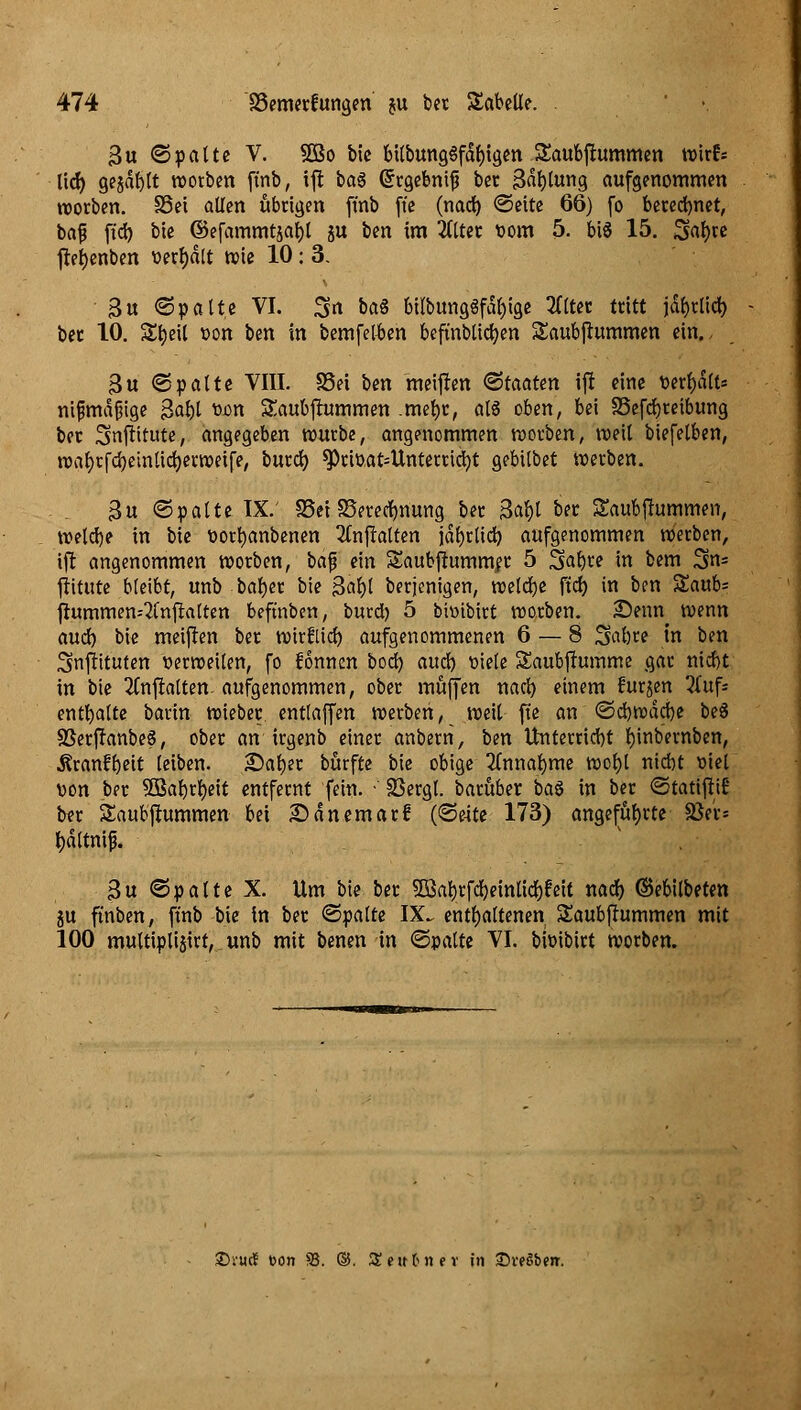 474 SSemerfungen ju ber Sabeüe. 3u «Spalte V. 2öo bie btlbungSfdf)tgen Saubjlummen wirf« lief) gejagt wotben ftnb, i|t ba3 @rgebnifj bet 3dblung aufgenommen worben. 33et allen übrigen ft'nb fte (nacb) (Seite 66) fo berechnet, bajj ft'd) bte ©efammtsat)l ju ben im 2Clter Dom 5. bt$ 15. 3>al)re ftefjenben vergalt wie 10: 3. 3« Spalte VI. 3 ba$ bilbungSfdl)ige 2(lter tritt jdbrlid) ber 10. S^eil »on ben in bemfelben beftnblicfyen Saubjhtmmen ein., 3u «Spalte VIII. S5ei ben meinen Staaten ift eine t>ert>att= nijjmaftge 3abl &on &aubjlummen .metjr, alg oben, bei S3eftf)reibung ber Snftitute, angegeben würbe, angenommen worben, weil biefelben, wal>rfd)einlicberweife, burd) $Prit>at-Unterrid)t gebilbet Werben. 3u Spalte IX.' 58ei SSeredmung ber 3<$t ber gaubjfummen, weldje in bie tiorfyanbenen 2fnftalfen jabrlid) aufgenommen werben, ift angenommen worben, bäfj ein Saubfhtmmer 5 Sa^re in bem 3n= jfitute bleibt, unb bar)cr bie 3<*l)l berjenigen, weldje ftcf> in ben Raub* fhmtmen--2fnftalten beft'nben, burd) 5 bhnbirt worben. Senn wenn aud) bie meijlen ber wirflief) aufgenommenen 6 — 8 Safere in ben Smjiituten verweilen, fo fonnen bod) aufy tuele SSaubjhtmme gar niefet in bie 2tnfialten- aufgenommen, ober muffen nad) einem furzen 3Cuf* enthalte barin wieber entlaffen werben, weil fte an «Scfewadje beS SSerflanbef, ober an irgenb einer anberri, ben Unterriebt feinbernben, Äranffeeit leiben. £>afeer burfte bie obige 2Cnnafeme wofel niebt viel von ber SÜßaferfeeit entfernt fein. • S3ergl. barüber btö in ber «Statijttf ber Saubftummen bei Sdnemarf (Seite 173) angeführte Sßer* fjdltnijj. 3u «Spalte X. Um bie ber 3Saferfd)einlid)feit nad) ©ebilbeten ju ftnben, ft'nb bie in ber «Spalte IX. entbaltenen Saubftummen mit 100 multiplijtrt, unb mit benen in Spalte VI. bwtbirt worben. Tauä eon 33. ®. Seutnev in SveSbrn.
