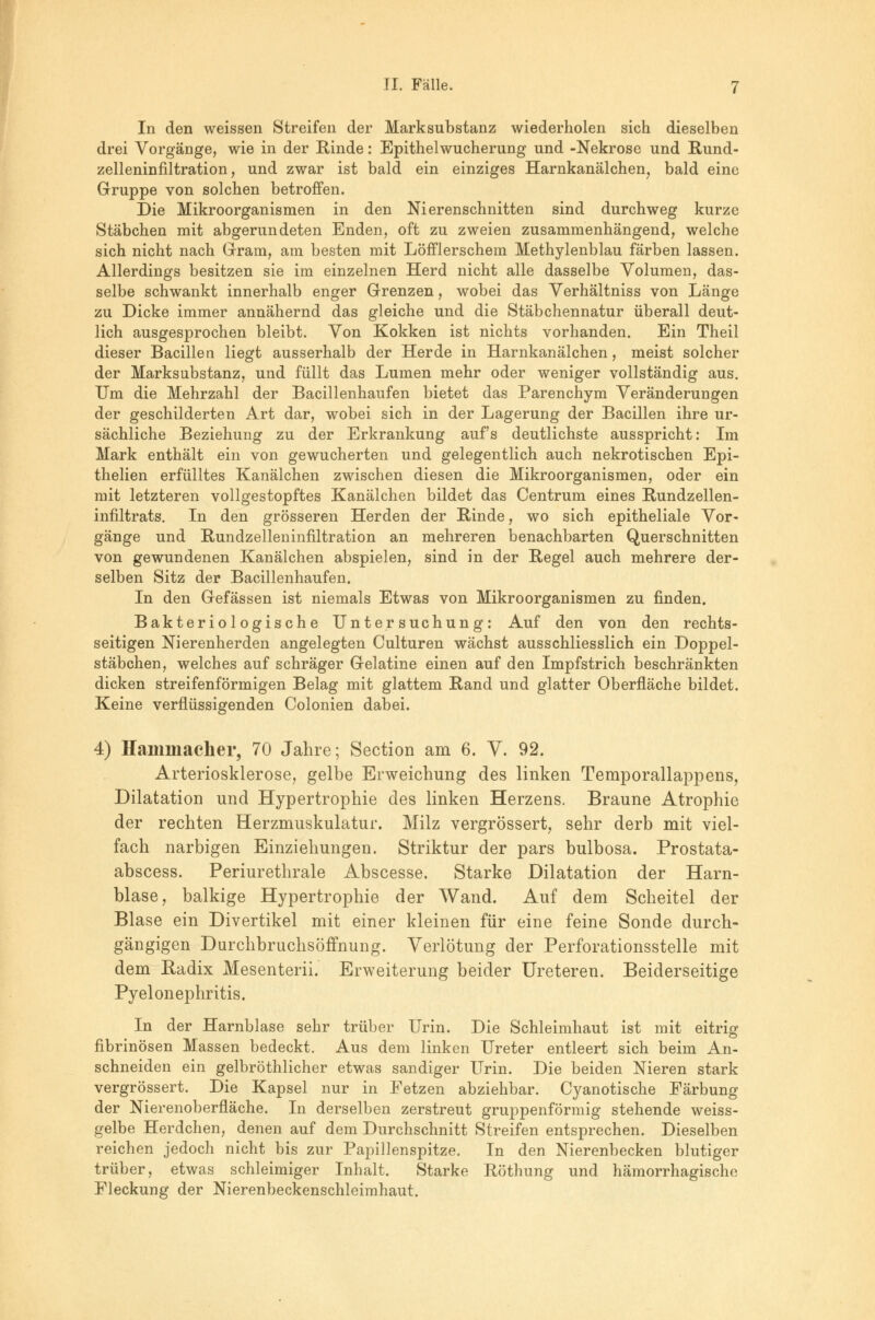 In den weissen Streifen der Marksubstanz wiederholen sich dieselben drei Vorgänge, wie in der Rinde: Epithelwucherung und -Nekrose und Rund- zelleninfiltration, und zwar ist bald ein einziges Harnkanälchen, bald eine Gruppe von solchen betroffen. Die Mikroorganismen in den Nierenschnitten sind durchweg kurze Stäbchen mit abgerundeten Enden, oft zu zweien zusammenhängend, welche sich nicht nach Gram, am besten mit Löfflerschem Methylenblau färben lassen. Allerdings besitzen sie im einzelnen Herd nicht alle dasselbe Volumen, das- selbe schwankt innerhalb enger Grenzen, wobei das Verhältniss von Länge zu Dicke immer annähernd das gleiche und die Stäbchennatur überall deut- lich ausgesprochen bleibt. Von Kokken ist nichts vorhanden. Ein Theil dieser Bacillen liegt ausserhalb der Herde in Harnkanälchen, meist solcher der Marksubstanz, und füllt das Lumen mehr oder weniger vollständig aus. Um die Mehrzahl der Bacillenhaufen bietet das Parenchym Veränderungen der geschilderten Art dar, wobei sich in der Lagerung der Bacillen ihre ur- sächliche Beziehung zu der Erkrankung aufs deutlichste ausspricht: Im Mark enthält ein von gewucherten und gelegentlich auch nekrotischen Epi- thelien erfülltes Kanälchen zwischen diesen die Mikroorganismen, oder ein mit letzteren vollgestopftes Kanälchen bildet das Centrum eines Rundzellen- infiltrats. In den grösseren Herden der Rinde, wo sich epitheliale Vor- gänge und Rundzelleninfiltration an mehreren benachbarten Querschnitten von gewundenen Kanälchen abspielen, sind in der Regel auch mehrere der- selben Sitz der Bacillenhaufen. In den Gefässen ist niemals Etwas von Mikroorganismen zu finden. Bakteriologische Untersuchung: Auf den von den rechts- seitigen Nierenherden angelegten Culturen wächst ausschliesslich ein Doppel- stäbchen, welches auf schräger Gelatine einen auf den Impfstrich beschränkten dicken streifenförmigen Belag mit glattem Rand und glatter Oberfläche bildet. Keine verflüssigenden Colonien dabei. 4) Hammacher, 70 Jahre; Section am 6. V. 92. Arteriosklerose, gelbe Erweichung des linken Temporallappens, Dilatation und Hypertrophie des linken Herzens. Braune Atrophie der rechten Herzmuskulatur. Milz vergrössert, sehr derb mit viel- fach narbigen Einziehungen. Striktur der pars bulbosa. Prostata- abscess. Periurethrale Abscesse. Starke Dilatation der Harn- blase, balkige Hypertrophie der Wand. Auf dem Scheitel der Blase ein Divertikel mit einer kleinen für eine feine Sonde durch- gängigen Durchbruchsöffnung. Verlötung der Perforationsstelle mit dem Radix Mesenterii. Erweiterung beider Ureteren. Beiderseitige Pyelonephritis. In der Harnblase sehr trüber Urin. Die Schleimhaut ist mit eitrig fibrinösen Massen bedeckt. Aus dem linken Ureter entleert sich beim An- schneiden ein gelbröthlicher etwas sandiger Urin. Die beiden Nieren stark vergrössert. Die Kapsel nur in Fetzen abziehbar. Cyanotische Eärbung der Nierenoberfläche. In derselben zerstreut gruppenförmig stehende weiss- gelbe Herdchen, denen auf dem Durchschnitt Streifen entsprechen. Dieselben reichen jedoch nicht bis zur Papillenspitze. In den Nierenbecken blutiger trüber, etwas schleimiger Inhalt. Starke Röthung und hämorrhagische Fleckung der Nierenbeckenschleimhaut.
