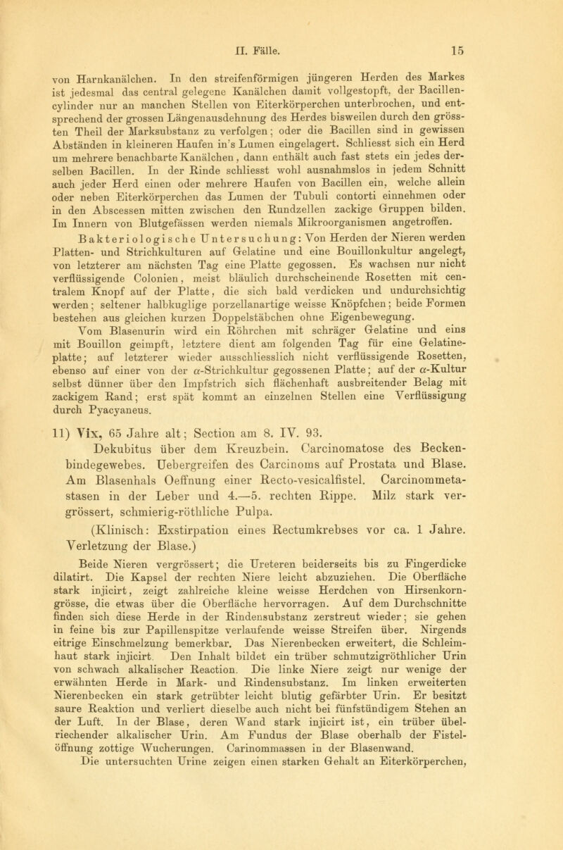von Harnkanälchen. In den streifenförmigen jüngeren Herden des Markes ist jedesmal das central gelegene Kanälchen damit vollgestopft, der Bacillen- cylinder nur an manchen Stellen von Eiterkörperchen unterbrochen, und ent- sprechend der grossen Längenausdehnung des Herdes bisweilen durch den gröss- ten Theil der Marksubstanz zu verfolgen; oder die Bacillen sind in gewissen Abständen in kleineren Haufen in's Lumen eingelagert. Schliesst sich ein Herd um mehrere benachbarte Kanälchen, dann enthält auch fast stets ein jedes der- selben Bacillen. In der Rinde schliesst wohl ausnahmslos in jedem Schnitt auch jeder Herd einen oder mehrere Haufen von Bacillen ein, welche allein oder neben Eiterkörperchen das Lumen der Tubuli contorti einnehmen oder in den Abscessen mitten zwischen den Rundzellen zackige Gruppen bilden. Im Innern von Blutgefässen werden niemals Mikroorganismen angetroffen. Bakteriologische Untersuchung: Yon Herden der Nieren werden Platten- und Strichkulturen auf Gelatine und eine Bouillonkultur angelegt, von letzterer am nächsten Tag eine Platte gegossen. Es wachsen nur nicht verflüssigende Colonien, meist bläulich durchscheinende Rosetten mit cen- tralem Knopf auf der Platte, die sich bald verdicken und undurchsichtig werden; seltener halbkuglige porzellanartige weisse Knöpfchen; beide Formen bestehen aus gleichen kurzen Doppelstäbchen ohne Eigenbewegung. Vom Blasenurin wird ein Röhrchen mit schräger Gelatine und eins mit Bouillon geimpft, letztere dient am folgenden Tag für eine Gelatine- platte; auf letzterer wieder ausschliesslich nicht verflüssigende Rosetten, ebenso auf einer von der «-Strichkultur gegossenen Platte; auf der «-Kultur selbst dünner über den Impfstrich sich flächenhaft ausbreitender Belag mit zackigem Rand; erst spät kommt an einzelnen Stellen eine Verflüssigung durch Pyacyaneus. 11) Vix, 65 Jahre alt; Section am 8. IV. 93. Dekubitus über dem Kreuzbein. Carcinomatose des Becken- bindegewebes. Uebergreifen des Carcinoms auf Prostata und Blase. Am Blasenhals Oeffnung einer Recto-vesicalfistel. Carcinommeta- stasen in der Leber und 4.—5. rechten Rippe. Milz stark ver- grössert, schmierig-röthliche Pulpa. (Klinisch: Exstirpation eines Rectumkrebses vor ca. 1 Jahre. Verletzung der Blase.) Beide Nieren vergrössert; die Ureteren beiderseits bis zu Fingerdicke dilatirt. Die Kapsel der rechten Niere leicht abzuziehen. Die Oberfläche stark injicirt, zeigt zahlreiche kleine weisse Herdchen von Hirsenkorn- grösse, die etwas über die Oberfläche hervorragen. Auf dem Durchschnitte finden sich diese Herde in der Rindensubstanz zerstreut wieder; sie gehen in feine bis zur Papillenspitze verlaufende weisse Streifen über. Nirgends eitrige Einschmelzung bemerkbar. Das Nierenbecken erweitert, die Schleim- haut stark injicirt. Den Inhalt bildet ein trüber schmutzigröthlicher Urin von schwach alkalischer Reaction. Die linke Niere zeigt nur wenige der erwähnten Herde in Mark- und Rindensubstanz. Im linken erweiterten Nierenbecken ein stark getrübter leicht blutig gefärbter Urin. Er besitzt saure Reaktion und verliert dieselbe auch nicht bei fünfstündigem Stehen an der Luft. In der Blase, deren Wand stark injicirt ist, ein trüber übel- riechender alkalischer Urin. Am Fundus der Blase oberhalb der Fistel- öffnung zottige Wucherungen. Carinommassen in der Blasenwand. Die untersuchten Urine zeigen einen starken Gehalt an Eiterkörperchen,