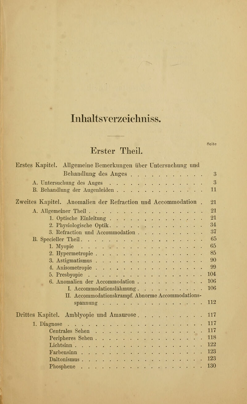 Inhaltsverzeiehniss. Seite Erster Theil. Erstes Kapitel. Allgemeine Bemerkungen über Untersuchung und Behandlung des Auges 3 A. Untersuchung des Auges 3 B. Behandlung der Augenleiden 11 Zweites Kapitel. Anomalien der Refraction und Accommodation . 21 A. Allgemeiner Theil 21 1. Optische Einleitung 21 2. Physiologische Optik 34 3. Kefraction und Accommodation 37 B. Specialer Theü 65 1. Myopie 65 2. Hypermetropie 85 3. Astigmatismus 90 4. Anisometropie 99 5. Presbyopie 104 6. Anomalien der Accommodation 106 I. Accommodationslähmung 106 II. Accommodationskrampf. Abnorme Accommodations- spannung 112 Drittes Kapitel. Amblyopie und Amaurose 117 1. Diagnose 117 Centrales Sehen 117 Peripheres Sehen 118 Uichtsinn 122 Farbensinn 123 Daltonismus 123 Phosphene 130