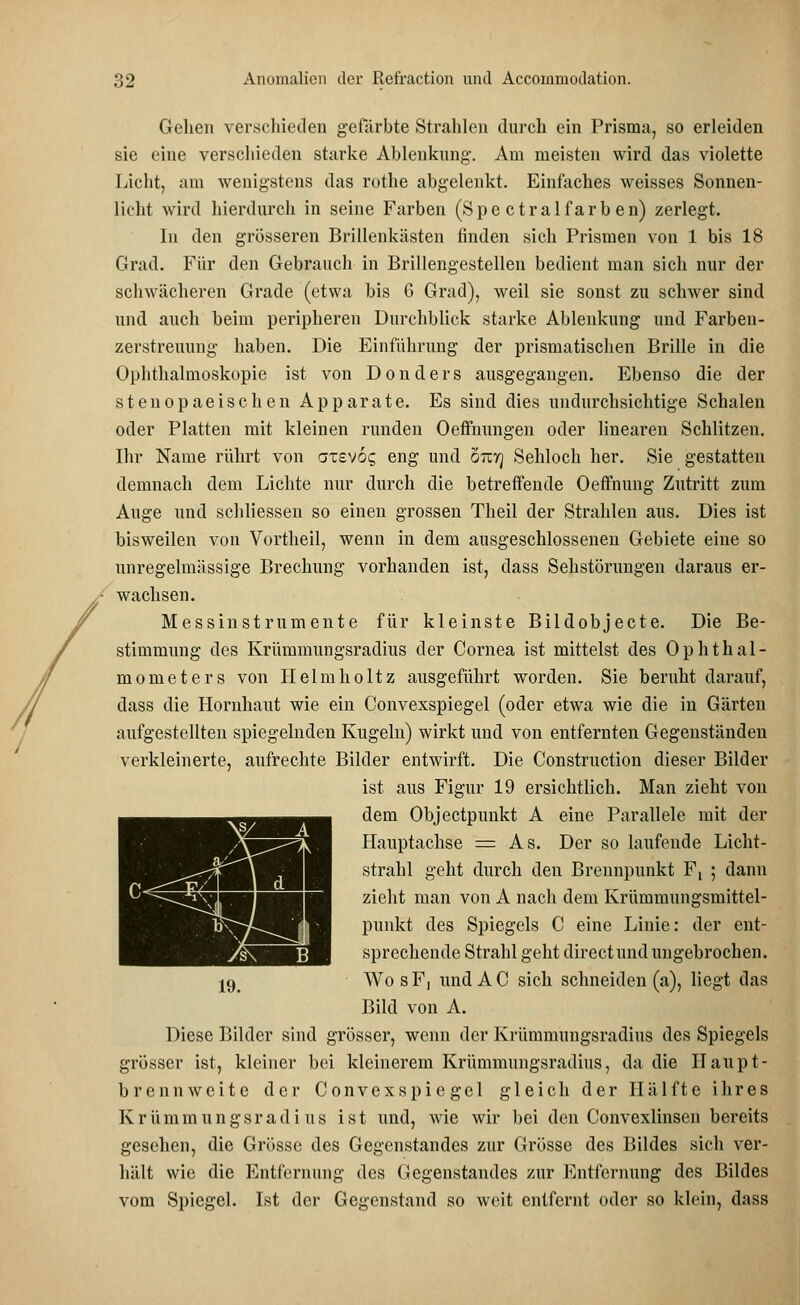 Gehen verschieden gefärbte Strahlen durch ein Prisma, so erleiden sie eine verschieden starke Ablenkung. Am meisten wird das violette Licht, am wenigstens das rothe abgelenkt. Einfaches weisses Sonnen- licht wird hierdurch in seine Farben (Spc ctralfarb en) zerlegt. In den grösseren Brillenkästen finden sich Prismen von 1 bis 18 Grad. Für den Gebrauch in Brillengestellen bedient man sich nur der schwächeren Grade (etwa bis 6 Grad), weil sie sonst zu schwer sind und auch beim peripheren Durchblick starke Ablenkung und Farben- zerstreuung haben. Die Einführung der prismatischen Brille in die Ophthalmoskopie ist von Donders ausgegangen. Ebenso die der stenopaeischen Apparate. Es sind dies undurchsichtige Schalen oder Platten mit kleinen runden Oeffnungen oder linearen Schlitzen. Ihr Name rührt von atevoc; eng und ötcvj Sehloch her. Sie gestatten demnach dem Lichte nur durch die betreffende Oeffhung Zutritt zum Auge und schliessen so einen grossen Theil der Strahlen aus. Dies ist bisweilen von Vortheil, wenn in dem ausgeschlossenen Gebiete eine so unregelmässige Brechung vorhanden ist, dass Sehstörungen daraus er- wachsen. Messinstrumente für kleinste Bildobjecte. Die Be- stimmung des Krümmungsradius der Cornea ist mittelst des Ophthal- mometers von Helmholtz ausgeführt worden. Sie beruht darauf, dass die Hornhaut wie ein Convexspiegel (oder etwa wie die in Gärten aufgestellten spiegelnden Kugeln) wirkt und von entfernten Gegenständen verkleinerte, aufrechte Bilder entwirft. Die Construction dieser Bilder ist aus Figur 19 ersichtlich. Man zieht von dem Objectpunkt A eine Parallele mit der Hauptachse = As. Der so laufende Licht- strahl geht durch den Brennpunkt F, ; dann zieht man von A nach dem Krümmungsmittel- punkt des Spiegels C eine Linie: der ent- sprechende Strahl geht directum! ungebrochen. Wo s F, und A C sich schneiden (a), liegt das Bild von A. Diese Bilder sind grösser, wenn der Krümmungsradius des Spiegels grösser ist, kleiner bei kleinerem Krümmungsradius, da die Haupt- brennweitc der Convexspiegel gleich der Hälfte ihres Krümmungsradius ist und, wie wir bei den Convexlinsen bereits gesehen, die Grösse des Gegenstandes zur Grösse des Bildes sich ver- hält wie die Entfernung des Gegenstandes zur Entfernung des Bildes vom Spiegel. Ist der Gegenstand so weit entfernt oder so klein, dass