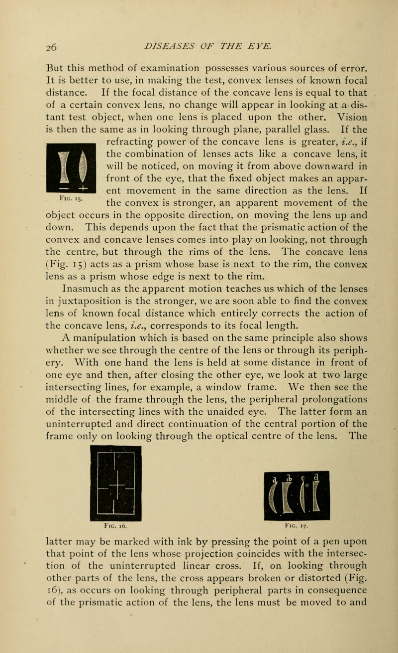 Fig. 15. But this method of examination possesses various sources of error. It is better to use, in making the test, convex lenses of known focal distance. If the focal distance of the concave lens is equal to that of a certain convex lens, no change will appear in looking at a dis- tant test object, when one lens is placed upon the other. Vision is then the same as in looking through plane, parallel glass. If the refracting power of the concave lens is greater, i.e., if the combination of lenses acts like a concave lens, it will be noticed, on moving it from above downward in front of the eye, that the fixed object makes an appar- ent movement in the same direction as the lens. If the convex is stronger, an apparent movement of the object occurs in the opposite direction, on moving the lens up and down. This depends upon the fact that the prismatic action of the convex and concave lenses comes into play on looking, not through the centre, but through the rims of the lens. The concave lens (Fig. 15) acts as a prism whose base is next to the rim, the convex lens as a prism whose edge is next to the rim. Inasmuch as the apparent motion teaches us which of the lenses in juxtaposition is the stronger, we are soon able to find the convex lens of known focal distance which entirely corrects the action of the concave lens, i.e., corresponds to its focal length. A manipulation which is based on the same principle also shows whether we see through the centre of the lens or through its periph- ery. With one hand the lens is held at some distance in front of one eye and then, after closing the other eye, we look at two large intersecting lines, for example, a window frame. We then see the middle of the frame through the lens, the peripheral prolongations of the intersecting lines with the unaided eye. The latter form an uninterrupted and direct continuation of the central portion of the frame only on looking through the optical centre of the lens. The Fig. 16. latter may be marked with ink by pressing the point of a pen upon that point of the lens whose projection coincides with the intersec- tion of the uninterrupted linear cross. If, on looking through other parts of the lens, the cross appears broken or distorted (Fig. 16), as occurs on looking through peripheral parts in consequence of the prismatic action of the lens, the lens must be moved to and