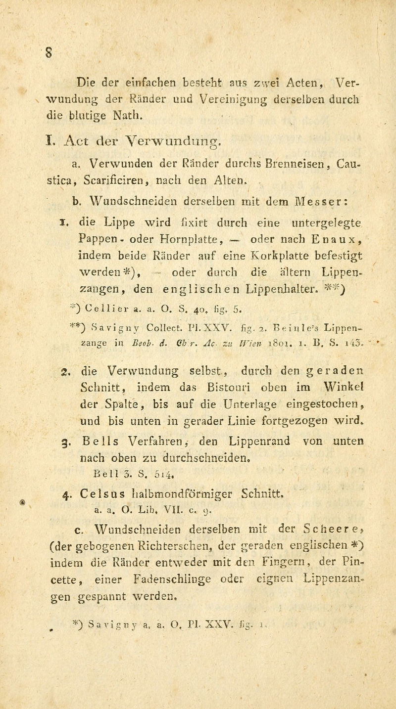 Die der einfachen besteht ans zwei Acten, Ver- wundung der Ränder und Vereinigung derselben durch die blutige Nath. I. Act der Verwundung. a. Verwunden der Rander durchs Brenneisen, Cau- stica, Scarificiren, nach den Alten. b. Wundschneiden derselben mit dem Messer: 1. die Lippe wird fixirt durch eine untergelegte Pappen* oder Hornplatte, — oder nach Enaux, indem beide Ränder auf eine Korkplatte befestigt werden*), oder durch die altern Lippen- zangen, den englischen Lippenhalter. *f) *) Celli er a. a. O. S. 40, fig, 5. **) Savigny Collect. PI. XXV. fig. 2. Beinle's Lippen- zange in Beob. d. Qb'.r. Ac- zu Ulen 1801. 1. B. S. i45. 2, die Verwundung selbst, durch den geraden Schnitt, indem das Bistouri oben im Winkel der Spalte, bis auf die Unterlage eingestochen, und bis unten in gerader Linie fortgezogen wird» g, Beils Verfahren 5 den Lippenrand von unten nach oben zu durchschneiden, Bell 3. S. 5i4. 4. Ceisus halbmondförmiger Schnitt, a. a. O. Lib. VII. c, y. c. Wundschneiden derselben mit der Scheere? (der gebogenen Richterschen, der geraden englischen *) indem die Ränder entweder mit den Fingern, der Pin- cette, einer Fadenschlinge oder eignen Lippenzan- gen gespannt werden.