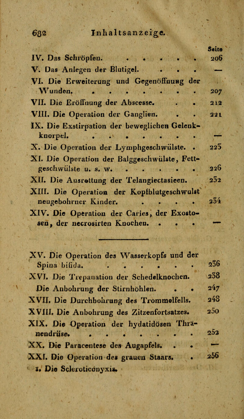 Selco IV. Das Schröpfen. . • . . . 206 V. Das Anlegen der Blutigel. • • • — VI. Die Erweiterung und GegenöfFnuHg der Wunden. • • • . ' . • . 207 VII. Die Eröffnung der Abscesse. . • 212 VIII. Die Operation der Ganglien. • . 221 IX. Die Exstirpation der beweglichen Gelenk- knorpel. • .' • • • . . — X. Die Operation der Lymphgeachwülste. • 225 XI. Die Operation der ßalggeschwülste, Fett- geschwülsle u. s, w. 226 XII. Die Ausrottung der Telangiectasieen. 202 XIII. Die Operation der Kop£blutgeschwul«t neugcbohrner Kinder. .... 254 XIV. Die Operation der Caries, der Exosto- aeUf der riecrosirten Knochen. • • • •— XV. Die Operation des Wasserkopf« und der Spina bifida. ...... ^36 XVI. Die Trepanation der Schedelknochen. 258 Die Anbohrung der Stirnhöhlen. • • 24/ XVII. Die Durchbohrung des Trommelfells. 248 XVIII. Die Anbohrung des Zitzenforlsatzes. 25o XIX. Die Operation der hydatidösen Thrä- nendriise* ^52 XX. Die Paracenlese de» Augapfels. . • — XXI. Die Operation de« grauen Staars« • 256 Xf Dio Scleroticdnyxi«»