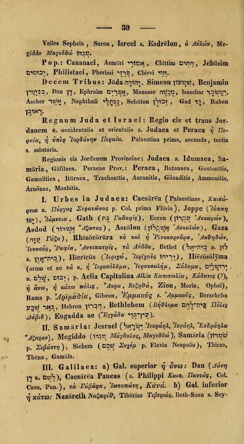 Valles Sephela , Saron, Isreel s. Esdrelon, o AvXcov, Me- giddo MaYsSdco 1^^». Pop.: Cananaei, Aemori •»'i1»ni , Chittlm n»fin, Jebasini 0*»Di:i';, Philistaei, Pherissi ''•n.a , Chiwi liin. Decem Tribus: Judan^j^Tj, Simeon ^ii?»tti, Benjamin ^'')o^33, Dan ^n, Ephraim Q^/iaN, Manasse rT4i3», Isaschar 13^'>t], Ascher 'iTyN , Naphthali '»bp3a, Sebulon ]h^:il , Gad 15, Ruben Regnum Juda et Israel: Regio cis et trans Jor- danem s. occidentalis et orientalis s. Judaea et Peraea ?? IJe- QCiicc, ^ vnsQ 'loQduvrjv UsQaia. Palaestina prima, secunda, tertia s. salutaris. Regionis cis Jordanem Provinciae: Judaea s. Idumaea, Sa- maria, Galilaea. Peraeae Prov.: Peraea , Batanaea, Gaulonltis, Gamalitica, Ituraea, Trachonltis, Auranitis, Gileaditis, Ammonitis, Arnonas, Moabitis. I. Urbes in Judaea: Caesarea (Palaestinae, Kaiau- QBicc a. IIvQyos ZzQaxmvos p. Col. prima Flavia), Joppe {'loTinri iSi), 'laiivua, Gath (r,3 raSaQtg), Ecron (tilf^J^. 'Jkkuqcov')^ Asdod ('jiTtyi^ J^oatog) , Ascalon (^i^^j^tz/N 'AaHaXcJv), Gaza {nlJ> ra^a), Rhinocoriira ra v.al ri 'PlvoxoQovQa, 'Ax&tjScov, 'Isvvaog, 'Pacpia, 'AvTinazQig .^ tcc AvSSa, Bethel ('7N-n*'3 a. yh s. pN-rr^q), Hiericus C^sqixco, ^IsQtxovg ^ni-^^), Hierosolyma Corum et ae ra «. ri 'l£Qoa6Xv(ia, 'isQOvaaXifjij,, UoXvfia, DlSt^n^ a. dbty D!12'', P- Aelia Capitolina AiXia KanizcoXia, XaSvng (?), ^ avco, n v.aTco noXig, AnQa, Bstr]&a, Zion, Moria, Ophel), Rama p. 'jQiiltt^iCC, Gibeon, 'Efl^aovg s. 'Amiaovg, Berscheba Uatii 1M3, Hebron ^1*^3n, Bethlehem (B^&Xsiia DnS-n^3 IIoXis ^(i/J>), Engadda ae ('Eyy^Sa •''j:')-^!^). II. S a m a r i a: Jesrael ( hii;r<V'^^ 'isaQarjX, 'laQdrjX, 'EaSQarjXa A'CaQov), Megiddo (in5» May8oXog,MaysSSc6), Samaria (iii»ty p. Ss^datr]), Sichem (CiSty 2vxsii p. Flavia Neapolis), Thirza, Thena, Gamala. III. Galilaea: a) Gal. superior gj ava: Dan {Jdvrj pz.tiMjh), Caesarea Paneas (s. Philippi Katai navsdg, Col. Caes. Pan.), td rd^uQa, 'lcoxandtri, Kavd. b) Gal. inferior gj xat(0: Nazareth Na^otQtd; Tiberias Ti§SQids, Beth-Seaii s. Scy-