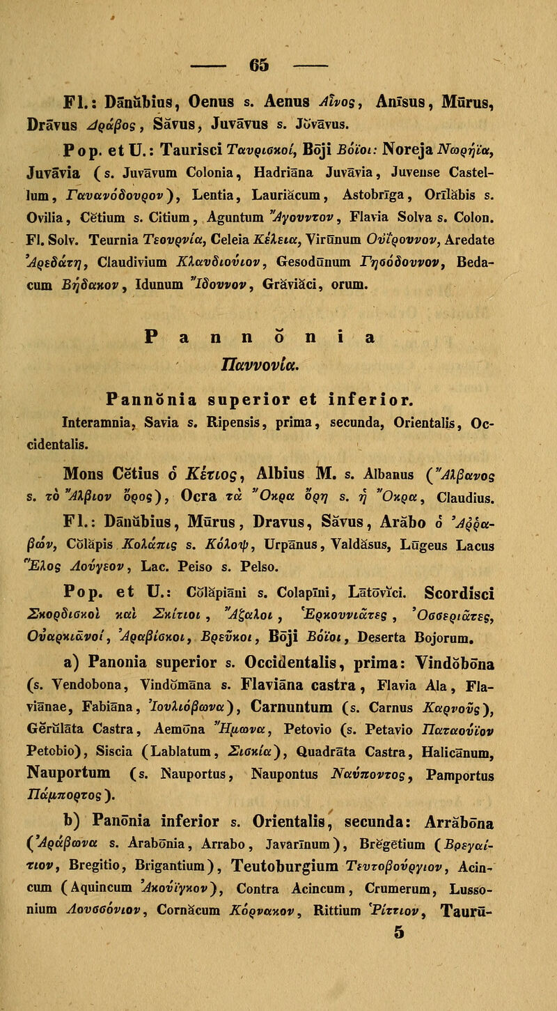 Fl.: Daniibius, Oenus s. Aenus Mvog, Anisus, Murus, DraTUS JQoi^og, Savus, Juvavus s. Jovavus. P 0 p. et U.: Taurisci Tav^iaHoi, Boji Boioi: Noreja iVcopjjia, Juvavia (s. Juvavum Colonia, Hadriana Juvavia, Juveuse Castel- lum, ravavodovQov'), Lentia, LauriScum, Astobrlga, OrllSbis s. Ovilia, Cetium s. Citium, Aguntum Jyovvrov, Flavia Solva s. Colon. FI. Solv. Teurnia TsovQvia, Celeia KiXeta, Virunum Oviqovvov, Aredate 'AQs8oiTT}, Claudivium KXavSioviov, Gesodunum Fijoodovvov, Beda- cum B^^SuKov, Idunum Idovvov, GraviSci, orum. P a n n o n i a Tlavvovla. Fannonia superior et inferior. Interamnia, Savia s. Ripensis, prima, secunda, Orientalis, Oc- cidentalis. Mons Cetius o Xstrtog, Albius M. s. Albanus (J'AX§avos s. ToAX§iov 0908), Ocra Ta Oyiqa oqt} s. jJ OnQa, Claudius. F1.: Daniibius, Murus , Dravus, Savus, Arabo o 'Aqqu- ^mv, Colapis KoXdnig s. Kolotp, Urpanus, ValdSsus, Lugeus Lacus EXos Aovysov, Lac. Peiso s. Pelso. Pop. et U.: Colapiaui s. Colapiui, Latovici, Scordisci SHOQdianol Kai Ukitioi , J^aXoi , 'Eqkovvicctss , 'OaasQiaTEs, OvaQV.i5.voi, 'AQa^iaKoi, Bqsvhoi, Boji Boiot, Deserta Bojorum. a) Panonia superior s. Occidentalis, prima: Yindobona (s. Vendobona, Vindomana s. Flaviana castra, Flavia Ala, Fla- vianae, Fabiana, 'lovXto^oava), Carnuntum (s. Carnus KaQvovs), Geriilata Castra, Aemuna H[icava, Petovio (s. Petavio TlaTaoviov Petobio), Siscia (Lablatum, StaHia), Quadrata Castra, Halicanum, Nauportum (s. Nauportus, Naupontus NavnovTos, Pamportus ndflTCOQTOS ). b) Panonia inferior s. Orientalis, secunda: Arrabona ( AQd§cova s. Arabonia, Arrabo , Javarlnum ), Br&getium ( BQsyai- riov, Bregitio, Brigantium), Teutoburgium Tivzo§ovQyiov, Acin- cum (Aquincum 'AHoviyKov), Contra Acincum, Crumerum, Lusso- nium AovaaoviQv, CornScum Koqvukov , Rittium 'PiTttov, Tauru- 5
