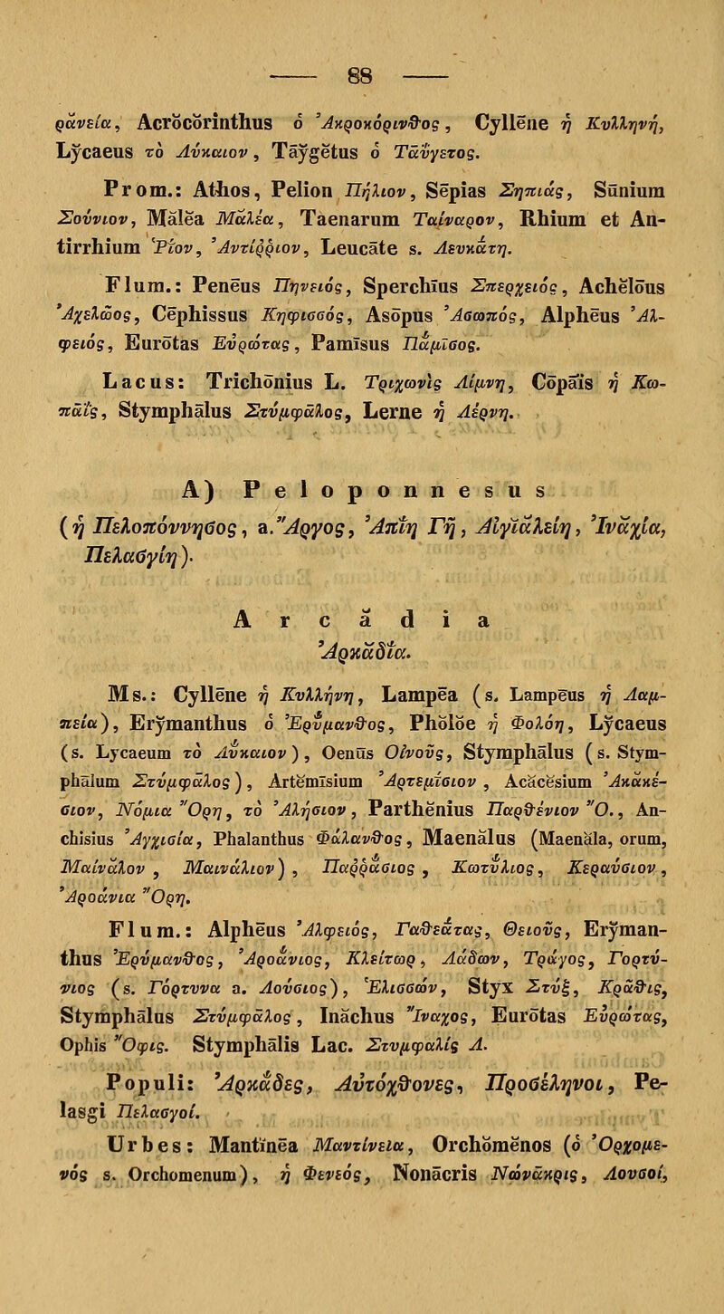 Qavslcc, Acrocorinthus 6 'AyiQOHOQiv&og, Cyllene 17 KvlXrjvi^, Ljcaeus t6 AvKaiov, Taygetus d TccvysTOS. Prom.: Atios, Velion IlrjXiov, Sepias SrjTtidg, Sunium Sovviov, Malea MaUa, Taenarum TalvaQov, Rhium et An- tirrhium 'Piov, 'AvtLqqiov , Leucate s. Asvv,aT7i. Flum.: Peneus nrjvfiog, Sperchius SnsQxsiog, Achelous 'AxsXooog, Cephissus Krjcpicaog, Asopus 'AacoTtog, Alpheus 'Al- gjsiog, Burotas EvQcorag, Pamisus nafiiaog. Lacus: Trichonius L. TQix^ovlg Aifivr], Copais v Kco- •naLg, Stymphalus Sxvficpalog, Lerne ij AsQvrj. A) Peloponnesus (^ nelon6vvf]6og ^ a.AQyos, 'Antri F^, Alyiaksi'}], 'IvDC%ia, IlBKaGyiTq )• A r c a d i a 'AQXccdta. Ms.: Cyllene »7 EvXXrjvri, Lampea (s. Lampgus ^ Aan- nsia), Erymanthus d 'EQv(iav&og, Pholoe t^ ^olor], Lycaeus (s. Lycaeum rd AvKaiov ) , Oeiius Olvovg, Stymphalus ( s. Stym- phHlum Exv^icpa.log), Artemlsium 'AQvsidaiov , AcScesium 'Akuhs- Ciov, N6[iia0Qr], rd 'Alrjaiov, Parthenius IlaQQ^sviov O., An- chisius 'Ayxiaia, Phalanthus ^aXavQ-og, Maenalus (Maenala, orum, MaivaXov y MaivaXiov) , IlaQQuaiog , KcoxvXiog, KsQavaiov, AQodvia OQrj. „ Flum.: Alpheus 'AXcpsiog, rad-sdtag, Qsiovg, Eryman- thus 'EQVfiav&og, AQoaviog, KXsitcoQ, AdScov, TQayog, roQtv- viog (s. ToQtvva a. Aovaiog), ^EXiaaoov, Styx 2itv^, KQu&ig, Stymphalus 2tv(icpaXog, Inachus ivaxog, Eurotas EvQcoTag, Ophis Ocpig. Stymphalis Lac. ZtvfLcpaXiq A. Populi: 'AQnadss, Avt6%%ovssi IlQOiSsXfjvoi, P©7 lasgi mXaayoi. .niijuiv'!' Urbes: Mantinea Mavtivsia, Orchomenos {0'OQ%o(it- vos s. Orchomenum), >J ^tviosy Nonacris NcavaKQis, Aovsoi,