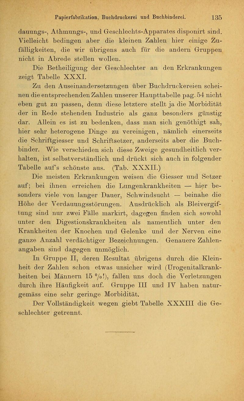 dauungs-, Athmungs-, und Geschleclits-Apparates disponirt sind. Vielleicht bedingen aber die kleinen Zahlen hier einige Zu- fälligkeiten, die wir übrigens auch für die andern Gruppen nicht in Abrede stellen wollen. Die Betheiligung der Geschlechter an den Erkrankungen zeigt Tabelle XXXI. Zu den Auseinandersetzungen über Buchdruckereien schei- nen die ents]3rechenden Zahlen unserer Haupttabelle pag. 54 nicht eben gut zu passen, denn diese letztere stellt ja die Morbidität der in ßede stehenden Industrie als ganz besonders günstig dar. Allein es ist zu bedenken, dass man sich genöthigt sah, hier sehr heterogene Dinge zu vereinigen, nämlich einerseits die Schriftgiesser und Schriftsetzer, anderseits aber die Buch- binder. Wie verschieden sich diese Zweige gesundheitlich ver- halten, ist selbstverständlich und drückt sich auch in folgender Tabelle auf's schönste aus. (Tab. XXXII.) Die meisten Erkrankungen weisen die Giesser und Setzer auf; bei ihnen erreichen die Lungenkrankheiten — hier be- sonders viele von langer Dauer, Schwindsucht — beinahe die Höhe der Verdauungsstörungen. Ausdrücklich als Bleivergif- tung sind nur zwei Fälle markirt, dagegen finden sich sowohl unter den Digestionskrankheiten als namentlich unter den Krankheiten der Knochen und Gelenke und der Nerven eine ganze Anzahl verdächtiger Bezeichnungen. Genauere Zahlen- angaben sind dagegen unmöglich. In Gruppe II, deren Resultat übrigens durch die Klein- heit der Zahlen schon etwas unsicher wird (Urogenitalkrank- heiten bei Männern 15 ^/o\), fallen uns doch die Verletzungen durch ihre Häufigkeit auf. Gruppe III und IV haben natur- gemäss eine sehr geringe Morbidität. Der Vollständigkeit wegen giebt Tabelle XXXIII die Ge- schlechter getrennt.