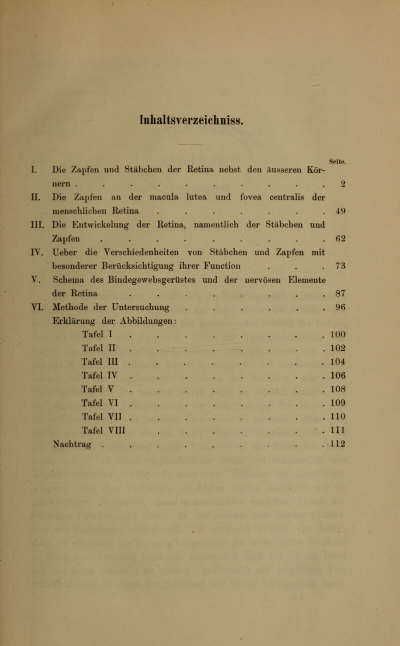 Inhaltsverzeichniss. I. Die Zapfen und Stäbchen der Retina nebst den äusseren Kör- Seite. II. Die Zapfen an der macula lutea und fovea centralis der menschlichen Retina . . . . . .49 III. Die Entwicklung der Retina, namentlich der Stäbchen und Zapfen 62 IV. lieber die Verschiedenheiten von Stäbchen und Zapfen mit besonderer Berücksichtigung ihrer Function . . .73 V. Schema des Bindegewebsgerüstes und der nervösen Elemente der Retina ........ 87 VI. Methode der Untersuchung . . . . . .96 Erklärung der Abbildungen: Tafel I 100 Tafel II 102 Tafel III 104 Tafel IV 106 Tafel V 108 Tafel VI 109 Tafel VII . . . . . . .110 Tafel VIII 111 Nachtrag . . . . . . .112