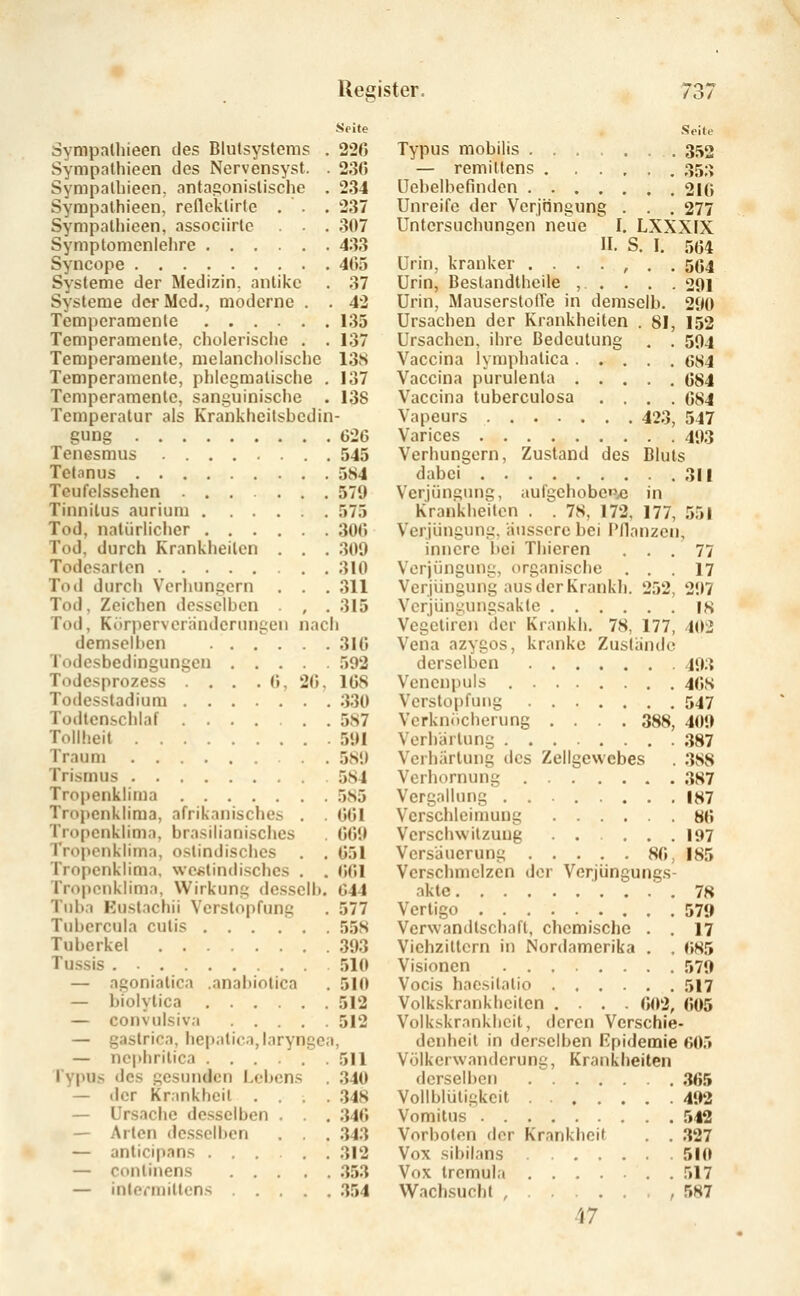 Seite Sympalhieen des Blutsystems . 226 Sympathieen des Nervensyst. . 230 Sympalhieen, antagonistische . 234 Sympalhieen, renektirte . . . 237 Sympalhieen, associirte . . . 307 Symptomenlehre 433 Syncope 405 Systeme der Medizin, antike . 37 Systeme der Med., moderne . . 42 Temperamente 135 Temperamente, cholerische . . 137 Temperamente, melancholische 13S Temperamente, phlegmatische , 137 Temperamente, sanguinische . 13S Temperatur als Krankheitsbedin- gung 626 Tenesmus 545 Tetanus 5H4 Teufelssehen ...... 579 Tinnitus aurium 575 Tod, natürlicher ,300 Tod, durch Krankheilen . . . .309 Todesarten 310 Tod durch Verhungern . . , 311 Tod, Zeichen desselben , . 315 Tod, Kör]ierver;indcrungeii nach demselben 310 Todesbedingungen 592 Todesprozess . . . . 0, 2(5. 108 Todesstadium 330 Todtenschlaf ...... 5S7 Tollheit 591 Traum . . 5S9 Trismus 5S4 Tropenklima 5S5 Tropenklima, afrikanisches . . 001 Tropenklima, brasilianisches . 009 Tropenklima, ostindisches . . 051 Tropenklima, westindisches . . 001 Tropenklima, Wirkung desseli). 044 Tuba Eustachii Verstopfung . 577 Tubercula cutis ... ... 558 Tuberkel .393 Tu.ssis 510 — agonialica .anabiolica . 510 — biolylica 512 — convulsiva 512 — gastrica, hepalica,laryngea, — nephrilica 511 l'ypus des gesunden Lebens . 340 — der Krankheil .... ,348 — Ursache desselben . . . .340 — Arten desselben . . . .343 — anlicipans ,312 — conlinens .353 — inlermiltens ,354 Typus mobilis .... — remiltens . . . Uebelbefinden .... Unreife der Verjüngung Untersuchungen neue II. Seite .352 . . 353 . . 2IG . . 277 LXXXIX S. I. 504 Urin, kranker ...,,, 504 Urin, Beslandtheile ,. . . . . 291 Urin, MauserstolTe in demselb. 290 Ursachen der Krankheiten . 81, 152 Ursachen, ihre Bedeutung . . 594 Vaccina lymphatica 684 Vaccina purulenla 084 Vaccina tuberculosa .... 084 Vapeurs 423, 547 Varices 493 Verhungern, Zustand des Bluts dabei 311 Verjüngung, aufgehobcxj in Krankheiten . . 78, 172, 177, .551 Verjüngung, iiusserc bei PHanzcn, innere bei Thieren , , .77 Verjüngung, organische ... 17 Verjüngung ausderKrankh. 252, 297 Verjüngungsakte is Vegeliren der Krankh. 78, 177, 402 Vena azygos, kranke Zusliindc derselben 493 Venenpuls 4O8 Verstopfung 547 Verkniicherung .... 388, 409 Verhärtung 387 Verhärtung des Zellgewebes . .388 Verhornung 387 Vergällung IH7 Vcrschleinmng 80 Verschwilzung 197 Versäuerung 80, 185 Verschmelzen der Verjüngungs- aktc 78 Vertigo 579 Verwandtschaft, chemische . . 17 Viehzitlern in Nordamerika . . 085 Visionen 579 Vocis haesilalio .517 Volk.skrankheiten .... 002, 005 Volkskrnnkhcit, deren Verschie- denheit in derselben Epidemie 605 Völkerwanderung, Krankheiten derselben 365 Vollblüligkcit . 492 Vomitus 542 Vorboten der Krankheit . . 327 Vox sibilans . 510 Vox tremula . 517 Wachsucl)t , . , .587 47