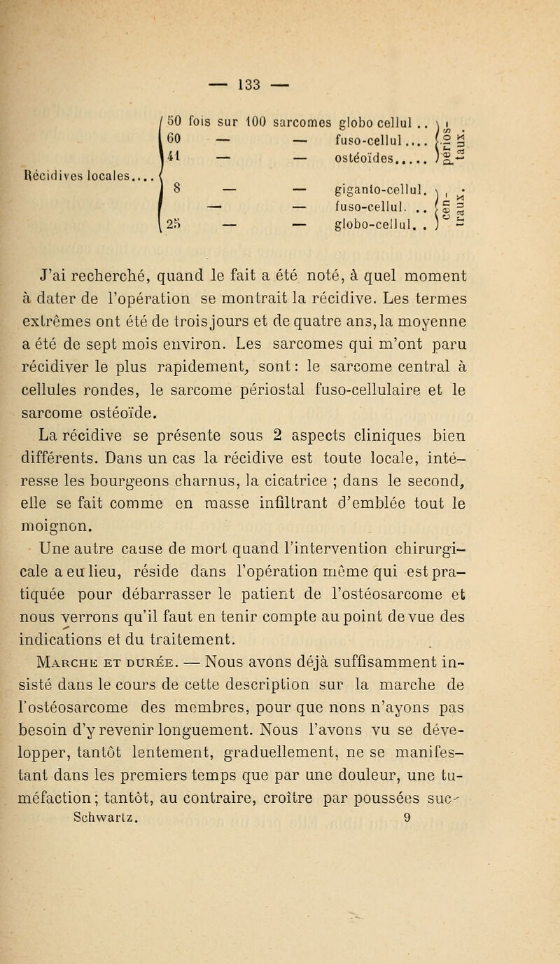 50 fois sur 100 sarcomes globo cellul . 60 — — fuso-cellul... 41 — — ostéoïdes )'|_- f O M Récidives locales... 8 — — giganto-cellul. \ , • — — fuso-cellul. .. [S = 25 — — globo-cellul. . ) ~ J'ai recherché, quand le fait a été noté, à quel moment à dater de l'opération se montrait la récidive. Les termes extrêmes ont été de trois jours et de quatre ans, la moyenne a été de sept mois environ. Les sarcomes qui m'ont paru récidiver le plus rapidement, sont : le sarcome central à cellules rondes, le sarcome périostal fuso-cellulaire et le sarcome ostéoïde. La récidive se présente sous 2 aspects cliniques bien différents. Dans un cas la récidive est toute locale, inté- resse les bourgeons charnus, la cicatrice ; dans le second, elle se fait comme en masse infiltrant d'emblée tout le moignon. Une autre cause de mort quand l'intervention chirurgi- cale a eu lieu, réside dans l'opération même qui est pra- tiquée pour débarrasser le patient de l'ostéosarcome et nous verrons qu'il faut en tenir compte au point de vue des indications et du traitement. Marche et durée. — Nous avons déjà suffisamment in- sisté dans le cours de cette description sur la marche de l'ostéosarcome des membres, pour que nons n'ayons pas besoin d'y revenir longuement. Nous l'avons vu se déve- lopper, tantôt lentement, graduellement, ne se manifes- tant dans les premiers temps que par une douleur, une tu- méfaction; tantôt, au contraire, croître par poussées suc- Schwartz. 9