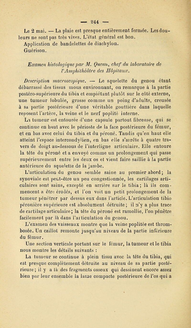 Le 2 mai. — La plaie est presque entièrement fermée. Les dou- leurs ne sont pas très vives. L'état général est bon. Application de bandelettes de diachylon. Guéri son. Examen histologique par M. Quenu, chef du laboratoire de VAmphithéâtre des Hôpitaux. Description macroscopique. — Le squelette du genou étant débarrassé des tissus mous environnant, on remarque à la partie postéro-supérieure du tibia et empiétant plutôt sur le côté externe, une tumeur Jobulée, grosse comme un poing d'adulte, creusée à sa partie postérieure d'une véritable gouttière dans laquelle reposent l'artère, la veine et le nerf poplité interne. La tumeur est. entourée d'une capsule partout fibreuse, qui se continue en haut avec le périoste de la face postérieure du fémur, et en bas avec celui du tibia et du péroné. Tandis qu'en haut elle atteint l'espace intercondylien, en bas elle s'arrête à quatre tra- vers de doigt au-dessous de l'interligne articulaire. Elle entoure la tête du péroné et a envoyé comme un prolongement qui passe supérieurement entre les deux os et vient faire saillie à la partie antérieure du squelette de la jambe. L'articulation du genou semble saine au premier abord; la synoviale est peut-être un peu congestionnée, les cartilages arti- culaires sont sains, excepté en arrière sur le tibia; là ils com- mencent a être érodés, et l'on voit un petit prolongement de la tumeur pénétrer par dessus eux dans l'article. L'articulation tibio péronière supérieure est absolument détruite; il n'y a plus trace de cartilage articulaire; la tête du péroné est ramollie, l'on pénètre facilement par là dans l'articulation du genou. L'examen des vaisseaux montre que la veine poplitée est throm- bosée. Un caillot remonte jusqu'au niveau de la partie inférieure du fémur. Une section verticale portant sur le fémur, la tumeur et le tibia nous montre les détails suivants : La tumeur se continue à plein tissu avec lft tête du tibia, qui est presque complètement détruite au niveau de sa partie posté- rieure; il y a là des fragments osseux qui dessinent encore assez bien par leur ensemble la larae compacte postérieure de l'os qui a