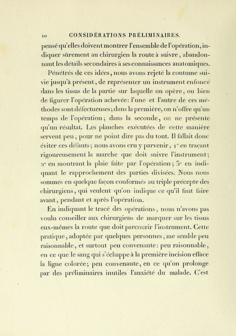 pensé qu'elles doivent montrer l'ensemble de l'opération, in- diquer sûrement au chirurgien la route à suivre, abandon- nant les détails secondaires à ses connaissances anatomiques. Pénétrés de ces idées, nous avons rejeté la coutume sui- vie jusqu'à présent, de représenter un instrument enfoncé dans les tissus de la partie sur laquelle on opère, ou bien de figurer l'opération achevée: l'une et l'autre de ces mé- thodes sont défectueuses^ dans la première, on n'offre qu'un temps de l'opération; dans la seconde, on ne présente qu'un résultat. Les planches exécutées de cette m^anière servent peu, pour ne point dire pas du tout. Il fallait donc éviter ces défauts -, nous avons cru y parvenir, i° en traçant rigoureusement la marche que doit suivre l'instrument-, 2° en montrant la plaie faite par l'opération ;, 5° en indi- quant le rapprochement des parties divisées. Nous nous sommes en quelque façon conformés au triple précepte des chirurgiens, qui veulent qu'on indique ce qu'il faut faire avant, pendant et après l'opération. En indiquant le tracé des opérations, nous n'avons pas voulu conseiller aux chirurgiens de marquer sur les tissus eux-m.émes la route que doit parcourir l'instrument. Cette pratique, adoptée par quelques personnes, me semble peu raisonnable, et surtout peu convenante : peu raisonnable, en ce que le sang qui s'échappe à la première incision efface la ligne colorée-, peu convenante, en ce qu'on prolonge par des préliminaires inutiles l'anxiété du malade. C'est