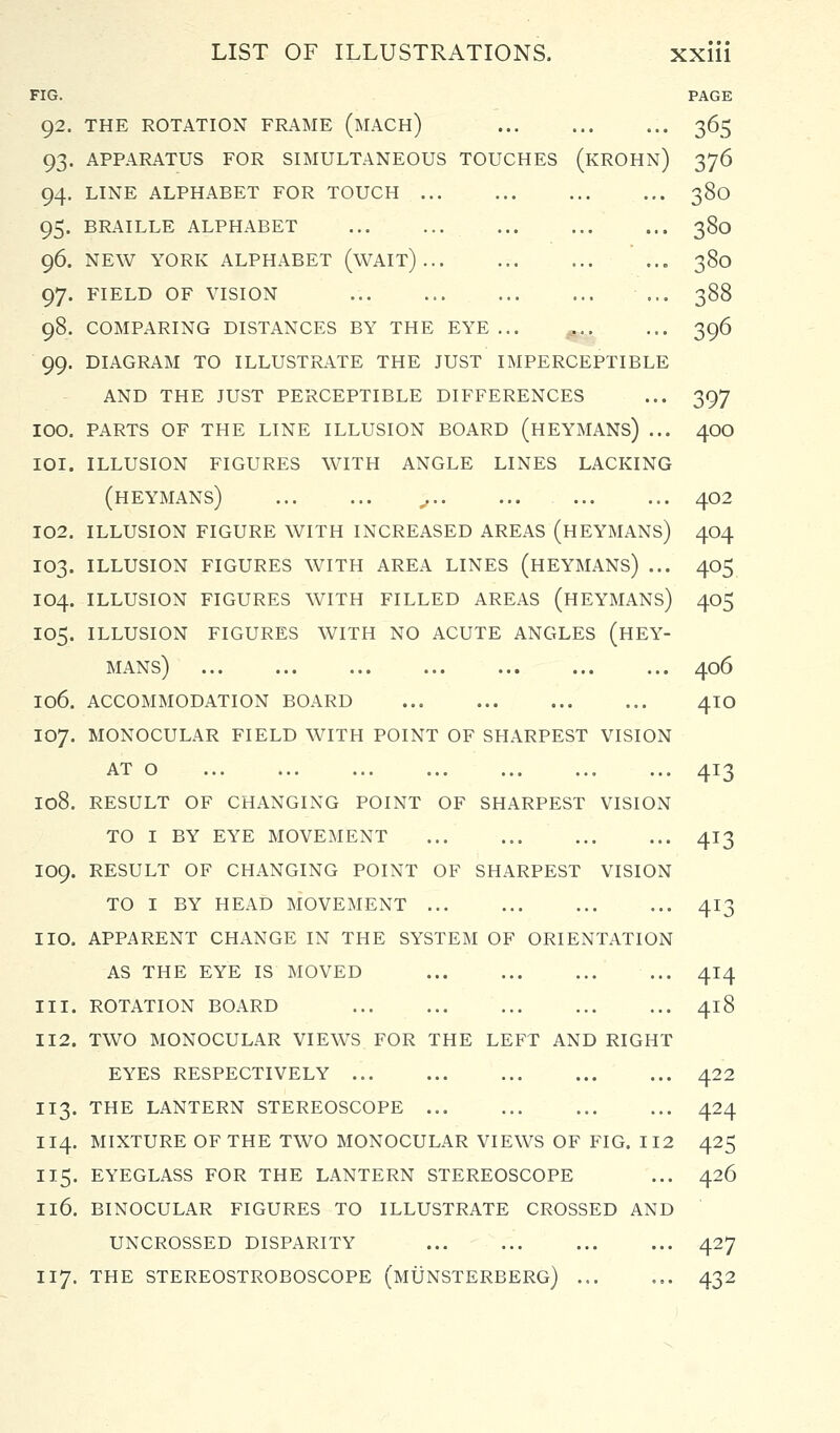 FIG. PAGE 92. THE ROTATION FRAME (MACH) 365 93. APPARATUS FOR SIMULTANEOUS TOUCHES (kROHN) 376 94. LINE ALPHABET FOR TOUCH 380 95. BRAILLE ALPHABET 380 96. NEW YORK ALPHABET (wAIT) 380 97. FIELD OF VISION ... 388 98. COMPARING DISTANCES BY THE EYE... ^„ 396 99. DIAGRAM TO ILLUSTRATE THE JUST IMPERCEPTIBLE AND THE JUST PERCEPTIBLE DIFFERENCES ... 397 100. PARTS OF THE LINE ILLUSION BOARD (hEYMANS) ... 4OO loi. illusion figures with angle lines lacking (heymans) ,, 402 102. ILLUSION FIGURE WITH INCREASED AREAS (hEYMANS) 404 103. ILLUSION FIGURES WITH AREA LINES (hEYMANS) ... 405 104. ILLUSION FIGURES WITH FILLED AREAS (hEYMANS) 405 105. ILLUSION FIGURES WITH NO ACUTE ANGLES (HEY- MANS) 406 106. ACCOMMODATION BOARD 4IO 107. MONOCULAR FIELD WITH POINT OF SHARPEST VISION AT O ... ... 413 108. RESULT OF CHANGING POINT OF SHARPEST VISION TO I BY EYE MOVEMENT 413 109. RESULT OF CHANGING POINT OF SHARPEST VISION TO I BY HEAD MOVEMENT 413 110. APPARENT CHANGE IN THE SYSTEM OF ORIENTATION AS THE EYE IS MOVED 414 111. ROTATION BOARD 418 112. TWO MONOCULAR VIEWS FOR THE LEFT AND RIGHT EYES RESPECTIVELY 422 113. THE LANTERN STEREOSCOPE 424 114. MIXTURE OF THE TWO MONOCULAR VIEWS OF FIG. 112 425 115. EYEGLASS FOR THE LANTERN STEREOSCOPE ... 426 116. BINOCULAR FIGURES TO ILLUSTRATE CROSSED AND UNCROSSED DISPARITY 427 117. THE STEREOSTROBOSCOPE (mUNSTERBERG) 432