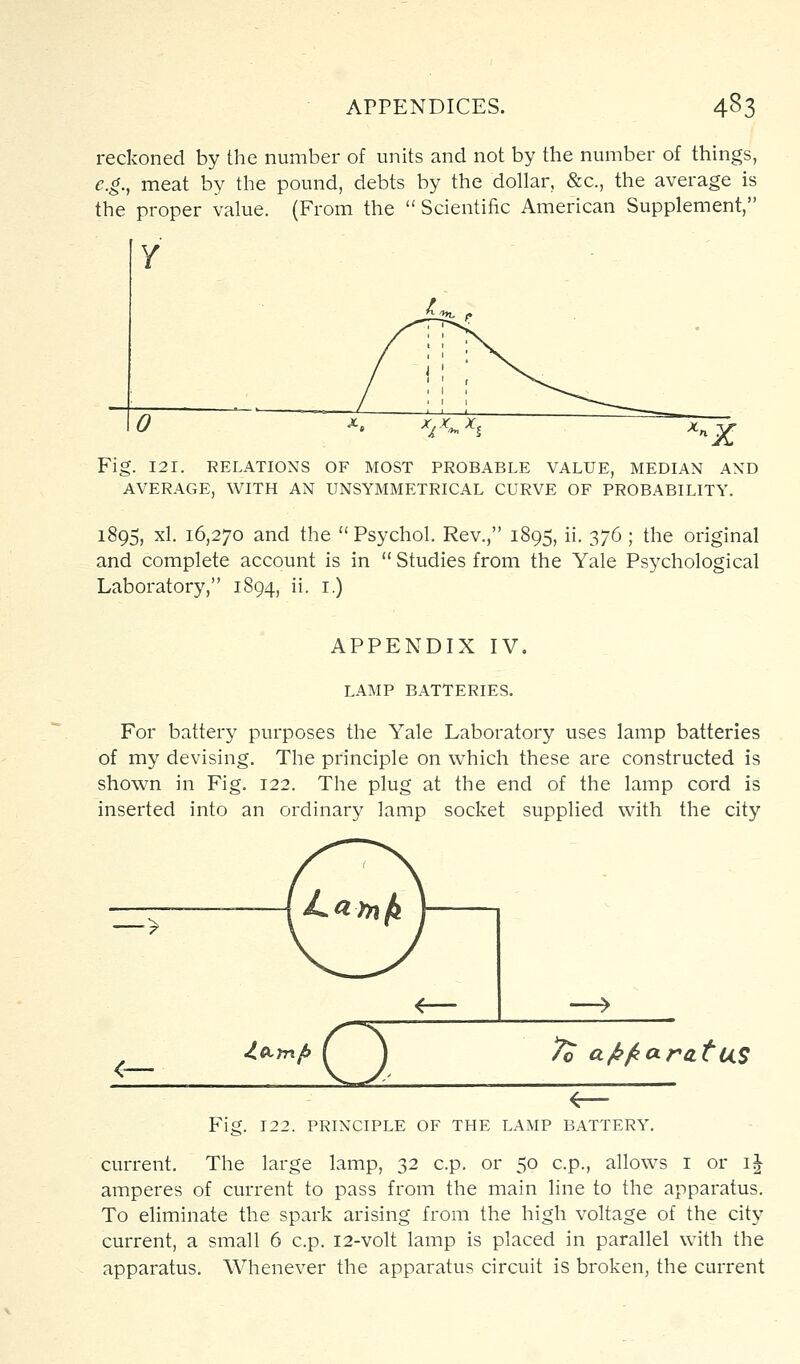 reckoned by the number of units and not by the number of things, e.g., meat by the pound, debts by the dollar, &c., the average is the proper value. (From the  Scientific American Supplement, y 0 -^^ ^i-'^^^i ^X. Fig. 121. RELATIONS OF MOST PROBABLE VALUE, MEDIAN AND AVERAGE, WITH AN UNSYMMETRICAL CURVE OF PROBABILITY. 1895, xl. 16,270 and the  Psychol. Rev., 1895, ii. 376 ; the original and complete account is in  Studies from the Yale Psj^chological Laboratory, 1894, ii. i.) APPENDIX IV. LAMP BATTERIES. For battery purposes the Yale Laboratory uses lamp batteries of my devising. The principle on which these are constructed is shown in Fig. 122. The plug at the end of the lamp cord is inserted into an ordinary lamp socket supplied with the city /,^m{3 To ajb^aratus Fig. 122. PRINCIPLE OF THE LAMP BATTERY. current. The large lamp, 32 c.p. or 50 c.p., allows i or ij amperes of current to pass from the main line to the apparatus. To eliminate the spark arising from the high voltage of the city current, a small 6 c.p. 12-volt lamp is placed in parallel with the apparatus. Whenever the apparatus circuit is broken, the current