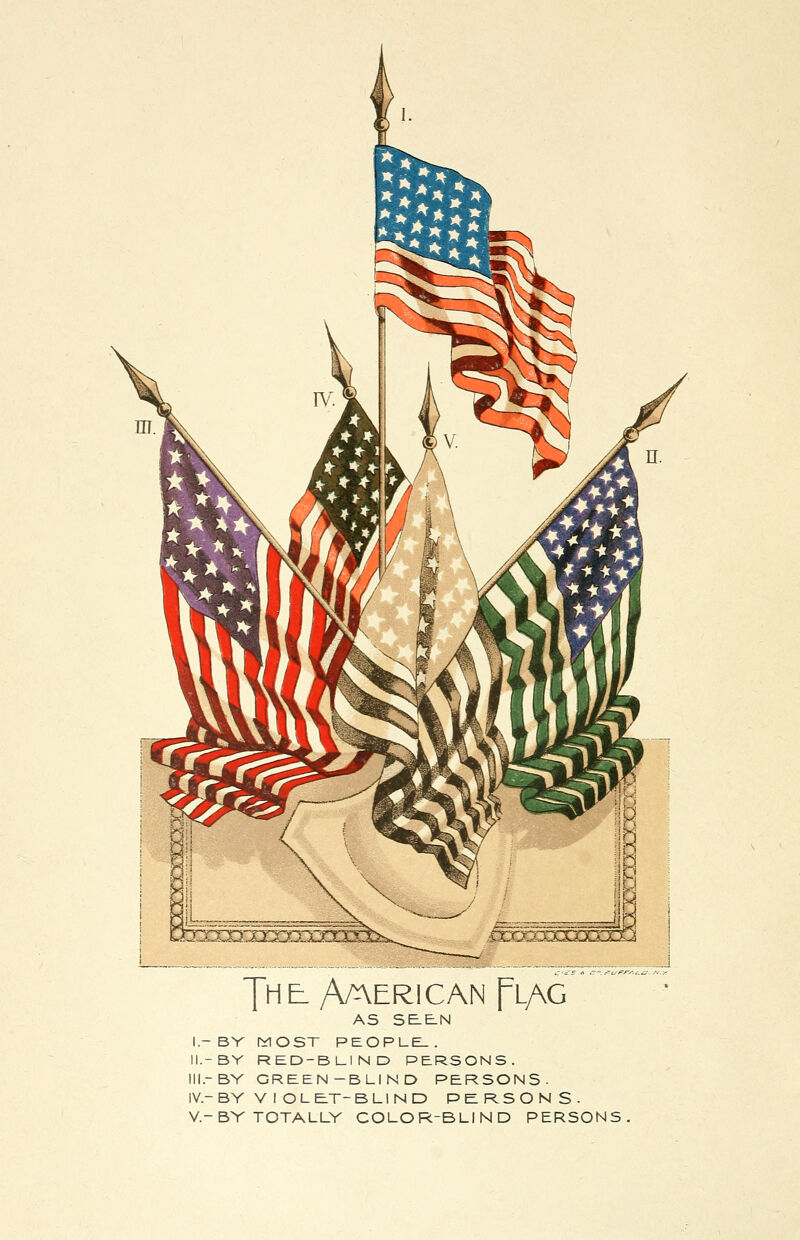 7hei American [tag AS SEEN l.-BY MOST PEOPLE-. II.-BY RED-BLIND PERSONS. Ill-BY GREEN-BLIND PERSONS- IV.-BY VIOLET-BLIND PERSONS- V.- BY TOTALLY COLOR-BLIND PERSONS