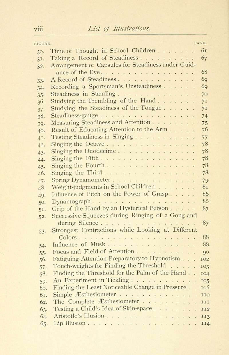 PAGE. 30. Time of Thought in School Children 61 31. Taking a Record of Steadiness 67 32. Arrangement of Capsules for Steadiness under Guid- ance of the Eye 68 33. A Record of Steadiness 69 34. Recording a Sportsman's Unsteadiness 69 35. Steadiness in Standing 70 36. Studying the Trembling of the Hand 71 37. Studying the Steadiness of the Tongue 71 38. Steadiness-gauge 74 39. Measuring Steadiness and Attention 75 40. Result of Educating Attention to the Arm 76 41. Testing Steadiness in Singing 77 42. Singing the Octave 78 43. Singing the Duodecime 78 44. Singing the Fifth 78 45. Singing the Fourth 78 46. Singing the Third 78 47. Spring Dynamometer 79 48. Weight-judgments in School Children 81 49. Influence of Pitch on the Power of Grasp 86 50. Dynamograph 8& 51. Grip of the Hand by an Hysterical Person 87 52. Successive Squeezes during Ringing of a Gong and during Silence 87 53. Strongest Contractions while Looking at Different Colors 88 54. Influence of Musk 88 55. Focus and Field of Attention 90 56. Fatiguing Attention Preparatory to Hypnotism . . . 102 57. Touch-weights for Finding the Threshold 103 58. Finding the Threshold for the Palm of the Hand . . 104 59. An Experiment in Tickling 105 60. Finding the Least Noticeable Change in Pressure . . 106 61. Simple yEsthesiometer no 62. The Complete ^Esthesiometer . in 63. Testing a Child's Idea of Skin-space . . 112 64. Aristotle's Illusion 113 65. Lip Illusion 114