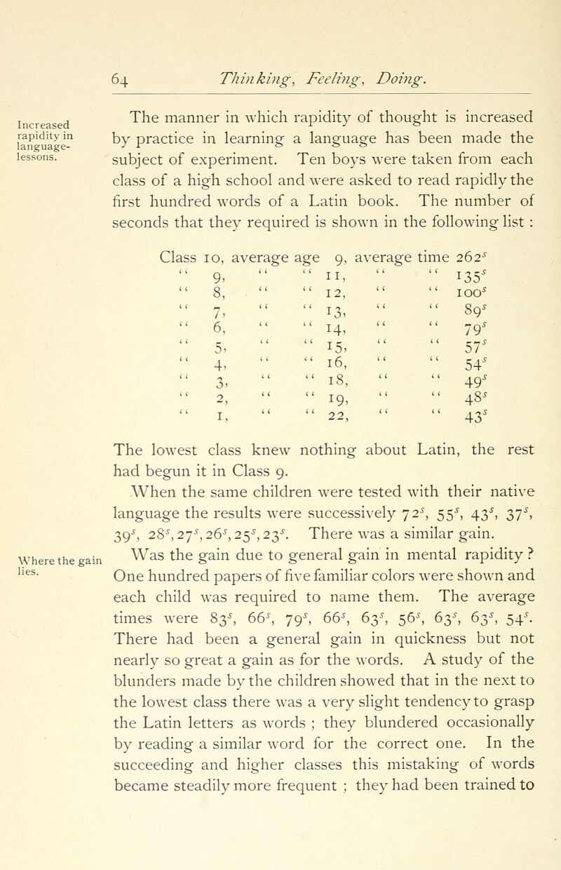 Increased rapidity in language- lessons. The manner in which rapidity of thought is increased by practice in learning a language has been made the subject of experiment. Ten boys were taken from each class of a high school and were asked to read rapidly the first hundred words of a Latin book. The number of seconds that they required is shown in the following list: Class 10, average age 9, average time 262^ 9, 11, ' i35J 8, 12, ' 100^ 7, 13, 89s 6, 14, 1 79' 5, 15, ' 57' 4, 16, ' 54' 3> 18, ' 49' 2, 19, < 48* 1, 22, ' 43' Where the gain lies. The lowest class knew nothing about Latin, the rest had begun it in Class 9. When the same children were tested with their native language the results were successively J2S, 55-*, 43-*, 37*, 39^, 285,27^26^ 25^, 23^. There was a similar gain. Was the gain due to general gain in mental rapidity ? One hundred papers of five familiar colors were shown and each child was required to name them. The average times were 83^, 66^, 79^ 66-*, 63-*, 56^, 63^, 63-*, 54*. There had been a general gain in quickness but not nearly so great a gain as for the words. A study of the blunders made by the children showed that in the next to the lowest class there was a very slight tendency to grasp the Latin letters as words ; they blundered occasionally by reading a similar word for the correct one. In the succeeding and higher classes this mistaking of words became steadily more frequent ; they had been trained to