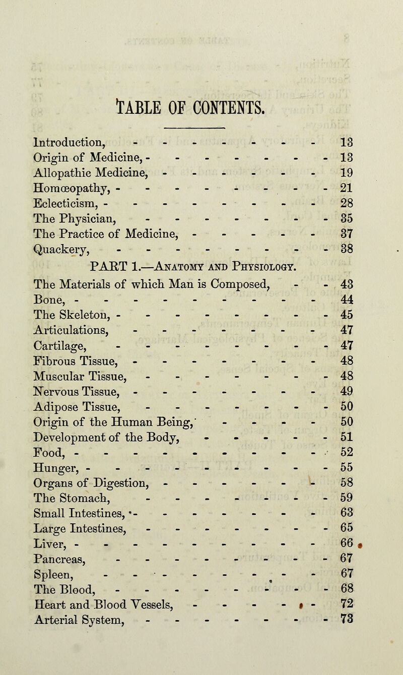 Introduction, - - - - - - - 13 Origin of Medicine, - - - - - - -13 Allopathic Medicine, - - - - - - 19 Homoeopathy, - - - - - - - -21 Eclecticism, - - - - - - - - 28 The Physician, - - - -- - -35 The Practice of Medicine, 37 Quackery, -------- 38 PART 1.—Anatomy and Physiology. The Materials of which Man is Composed, - - 43 Bone, ---44 The Skeleton, 45 Articulations, -.----.47 Cartilage, - - - 47 Fibrous Tissue, -------48 Muscular Tissue, -------48 Nervous Tissue, -------49 Adipose Tissue, -------50 Origin of the Human Being,' 50 Development of the Body, ----- 51 Food, - - - , 52 Hunger, - - - -- - - - -55 Organs of Digestion, ------ 58 The Stomach, - - 59 Small Intestines, •- - - - - - - 63 Large Intestines, - - - - - - -65 Liver, --------- 66 § Pancreas, - - - - - - - -67 Spleen, - -- - - - - - 67 The Blood, -' - - 68 Heart and Blood Vessels, - - - - • - 72 Arterial System, -------73