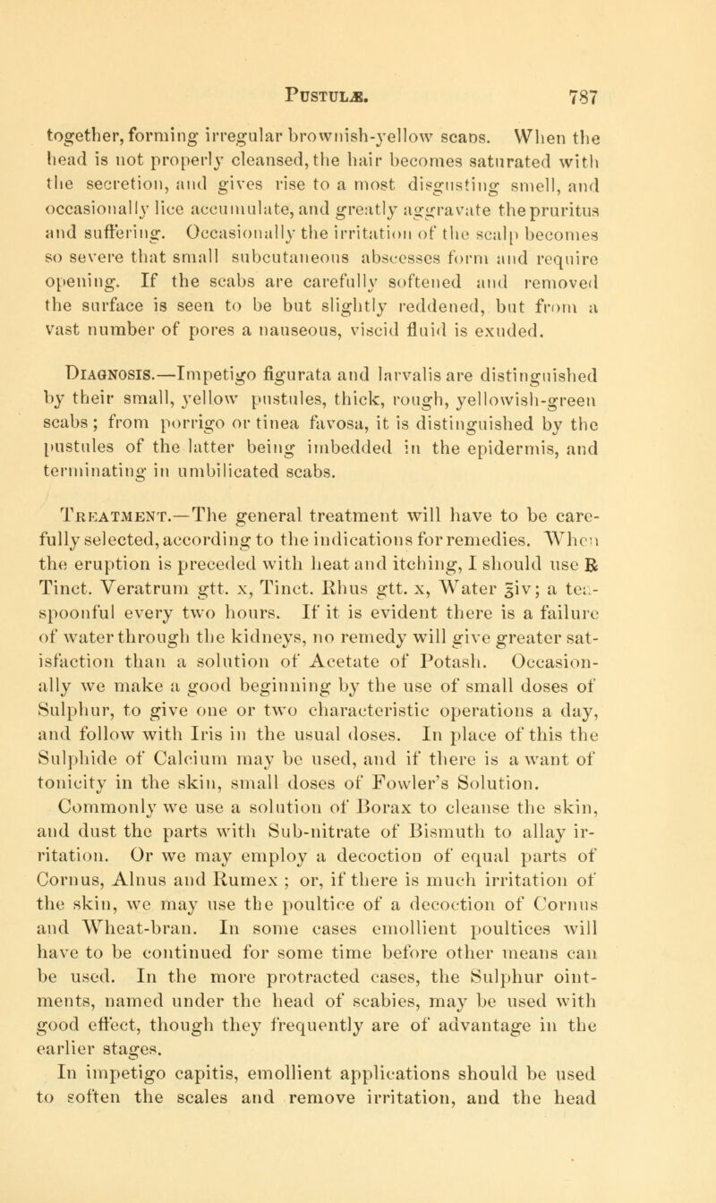 together, forming irregular brownish-yellow scans. When the head is not properly cleansed,the hair becomes saturated with the secretion, and gives rise to a most disgusting smell, and occasionally lice accumulate, and greatly aggravate the pruritus and suffering. Occasionally the irritation of the scalp becomes so severe that small subcutaneous abscesses form and require opening. If the scabs are carefully softened and removed the surface is seen to be but slightly reddened, but from a vast number of pores a nauseous, viscid fluid is exuded. Diagnosis.—Impetigo figurata and larvalisare distinguished by their small, yellow pustules, thick, rough, yellowish-green scabs; from porrigo or tinea favosa, it is distinguished by the pustules of the latter being imbedded in the epidermis, and terminating in umbilicated scabs. Treatment.—The general treatment will have to be care- fully selected, according to the indications for remedies. When the eruption is preceded with heat and itching, I should use R Tinct. Veratrum gtt. x, Tinct. Rhus gtt. x, Water giv; a tea- spoonful every two hours. If it is evident there is a failure of water through the kidneys, no remedy will give greater sat- isfaction than a solution of Acetate of Potash. Occasion- ally we make a good beginning by the use of small doses of Sulphur, to give one or two characteristic operations a day, and follow with Iris in the usual doses. In place of this the Sulphide of Calcium may be used, and if there is a want of tonicity in the skin, small doses of Fowler's Solution. Commonly we use a solution of Borax to cleanse the skin, and dust the parts with Sub-nitrate of Bismuth to allay ir- ritation. Or we may employ a decoction of equal parts of Corn us, Alnus and Rumex ; or, if there is much irritation of the skin, we may use the poultice of a decoction of Cornus and Wheat-bran. In some cases emollient poultices will have to be continued for some time before other means can be used. In the more protracted cases, the Sulphur oint- ments, named under the head of scabies, may be used with good effect, though they frequently are of advantage in the earlier stages. In impetigo capitis, emollient applications should be used to soften the scales and remove irritation, and the head