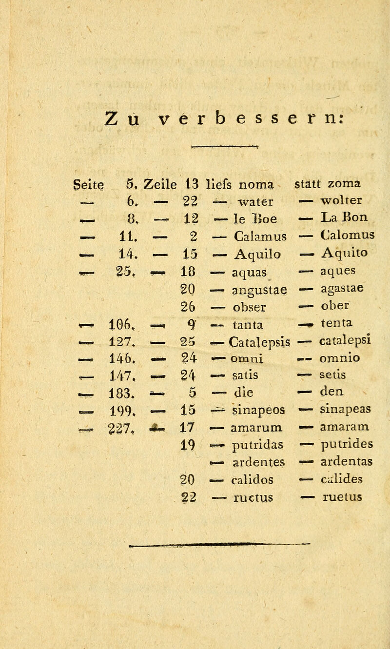 Z u erbessern Seite 1 5. Zeile 13 liefs noma statt zoma ^^ 6. — 22 ^— water — Wolter ^-. 8. — 12 — le Boe — La Bon •^ lt. — 2 -^ Calamus — Calomus — 14. — 15 — Aquilo — Aquito w- ^5. *— 18 — aquas — aques 20 — angustae — agastae 26 — obser — ober «— 106. .-. 9 — tanta -• tenta — 127, _ 25 — Catalepsis — catalepsi ^-^ 146. •^ 24 •— omni — omnio ,—. 147, •— 24 —• satis ^— setis -r- 183. *- 5 — die — den «» 199. — 15 -^ sinapeos — sinapeas ■T^ %ll. •^ 17 — amarum — amaram 19 ■— putridas — ardentes ■— putrides — ardentas 20 — calidos — ciilides 22 — ructus — ruetus