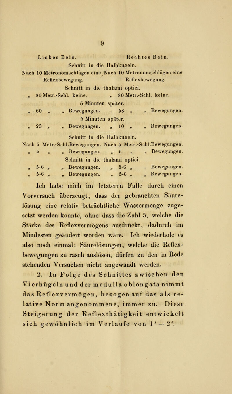 Linkes Bein. Rechtes Bein. Schnitt in die Halbkugeln. Nach 10 Metronomschlägen eine Nach 10 Metronomschlägen eine Reflexbewegung. Reflexbewegung. Schnitt in die thalami optici. „ 80 Metr.-Schl. keine. „ 80 Metr.-Schl. keine. 5 Minuten später. , 60 „ „ Bewegungen. „ 58 „ „ Bewegungen. 5 Minuten später. „ 23 „ „ Bewegungen. „ 10 „ „ Bewegungen. Schnitt in die Halbkugeln. Nach 5 Metr.-Schl.Bewegungen. Nach 5 Metr.-Schl.Bewegungen. »5 „ „ Bewegungen. „ 5 „ „ Bewegungen. Schnitt in die thalami optici. „ 5-6 „ y, Bewegungen. „ 5-6 „ „ Bewegungen. „ 5-6 „ „ Bewegungen. „ 5-6 „ „ Bewegungen. Ich habe mich im letzteren Falle durch einen Vorversuch überzeugt, dass der gebrauchten Säure- lösung eine relativ beträchtliche Wassermenge zuge- setzt werden konnte, ohne dass die Zahl 5, welche die Stärke des Reflexvermögens ausdrückt, dadurch im Mindesten geändert worden wäre. Ich wiederhole es also noch einmal: Säurelösungen, welche die Reflex- bewegungen zu rasch auslösen, dürfen zu den in Rede stehenden Versuchen nicht angewandt werden. 2. In Folge des Schnittes zwischen den Vierhügeln und der medulla oblongata nimmt das Reflexvermögen, bezogen auf das als re- lative Norm angenommene, immer zu. Diese Steigerung der Reflexthätigkeit entwickelt sich gewöhnlich im Verlaufe von 1' — 2'.