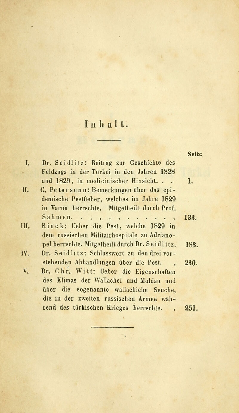 Inhalt Seite I, Dr. Seidlitz: Beitrag zur Geschichte des Feldzugs in der Türkei in den Jahren 1828 und 1829, in medicinischer Hinsicht. . . 1. JI, C, Pe tersenn: Bemerkungen über das epi- demische Peslfieber, welches im Jahre 1829 in Varna herrschte. Mitgetheilt durch Prof. Sahmen 133. III. Rinck: Ueber die Pest, welche 1829 in dem russischen Militairhospitale zu Adriano- pel herrschte. Mitgetheilt durch Dr. Seidlitz. 183. 1V„ Dr. Seidlitz: Schlusswort zu den drei vor- stehenden Abhandlungen über die Pest. . 230. V. Dr. Chr. Witt: Ueber die Eigenschaften des Klimas der Wallachei und Moldau und über die sogenannte wallachiche Seuche, die in der zweiten russischen Armee wäh- rend des türkischen Krieges herrschte. ♦ 251.